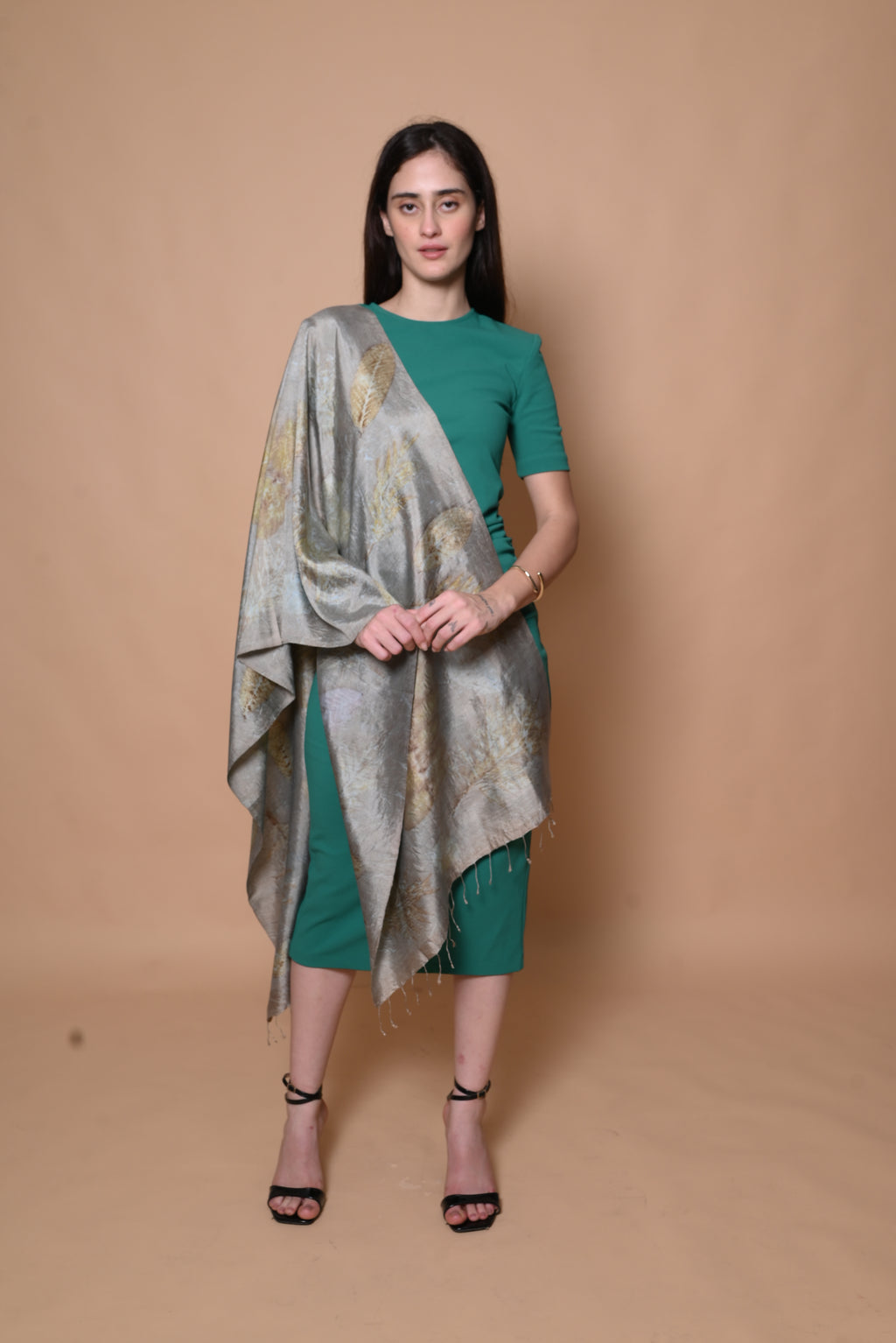 Grey Organic Leaves Dyed Mulberry Silk Stole