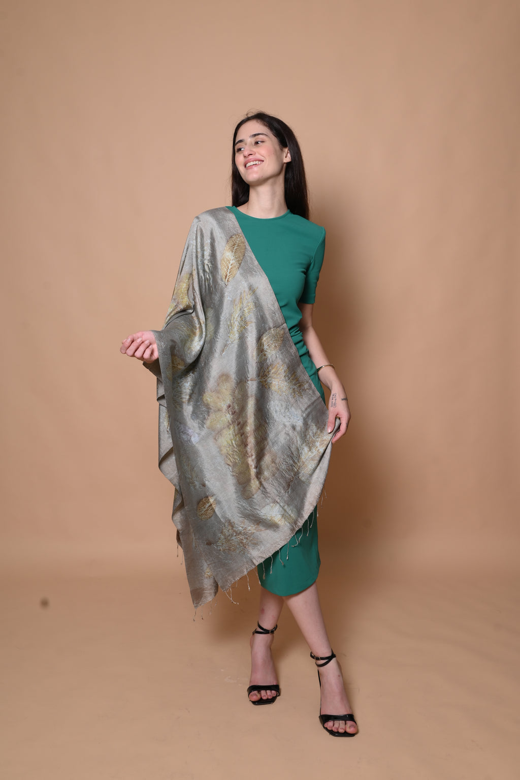 Grey Organic Leaves Dyed Mulberry Silk Stole