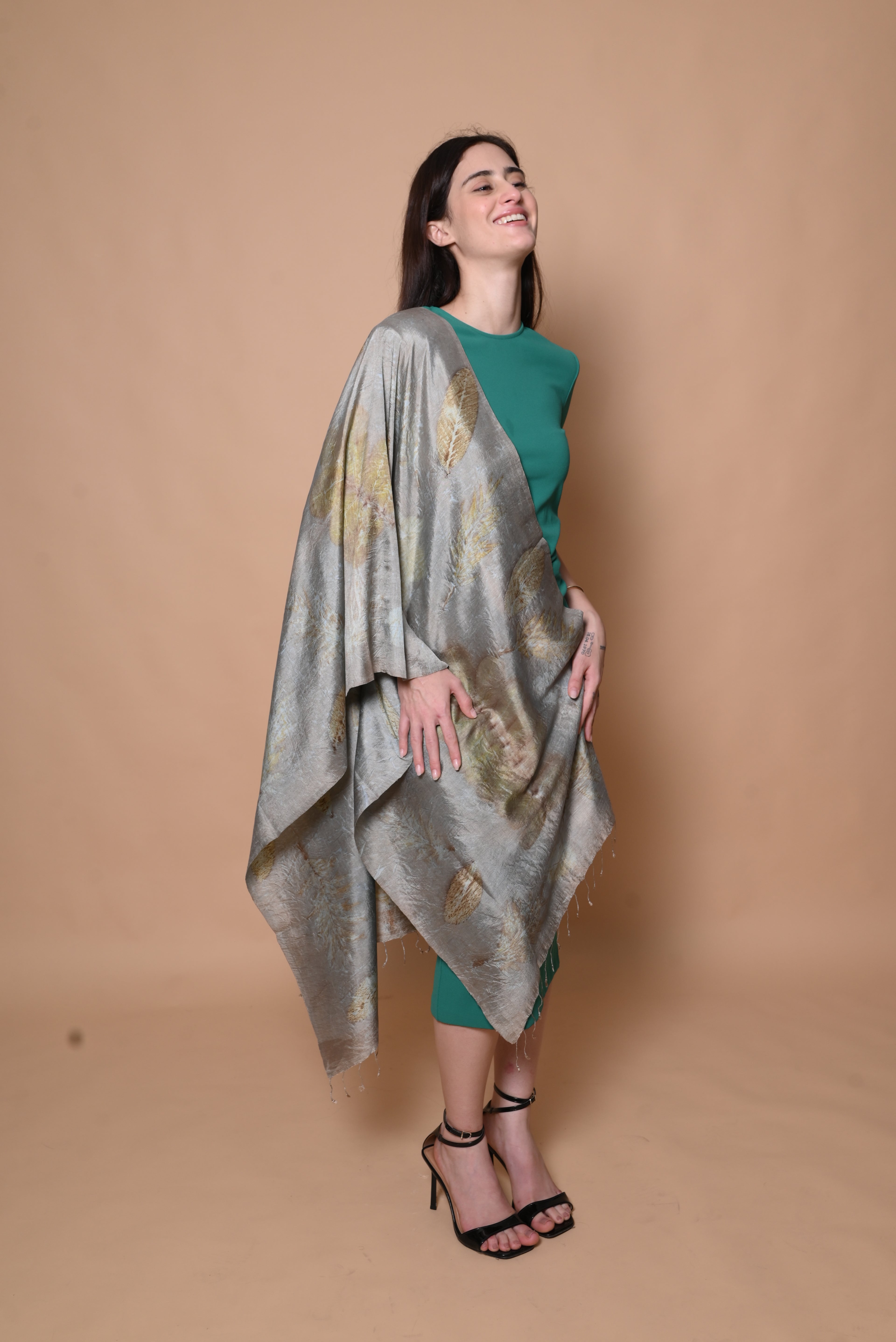 Grey Organic Leaves Dyed Mulberry Silk Stole