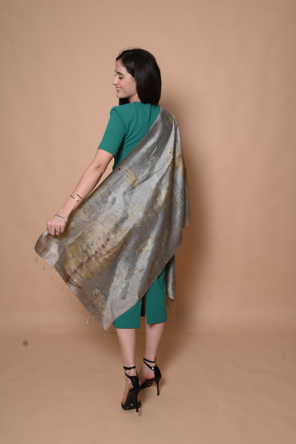 Grey Organic Leaves Dyed Mulberry Silk Stole