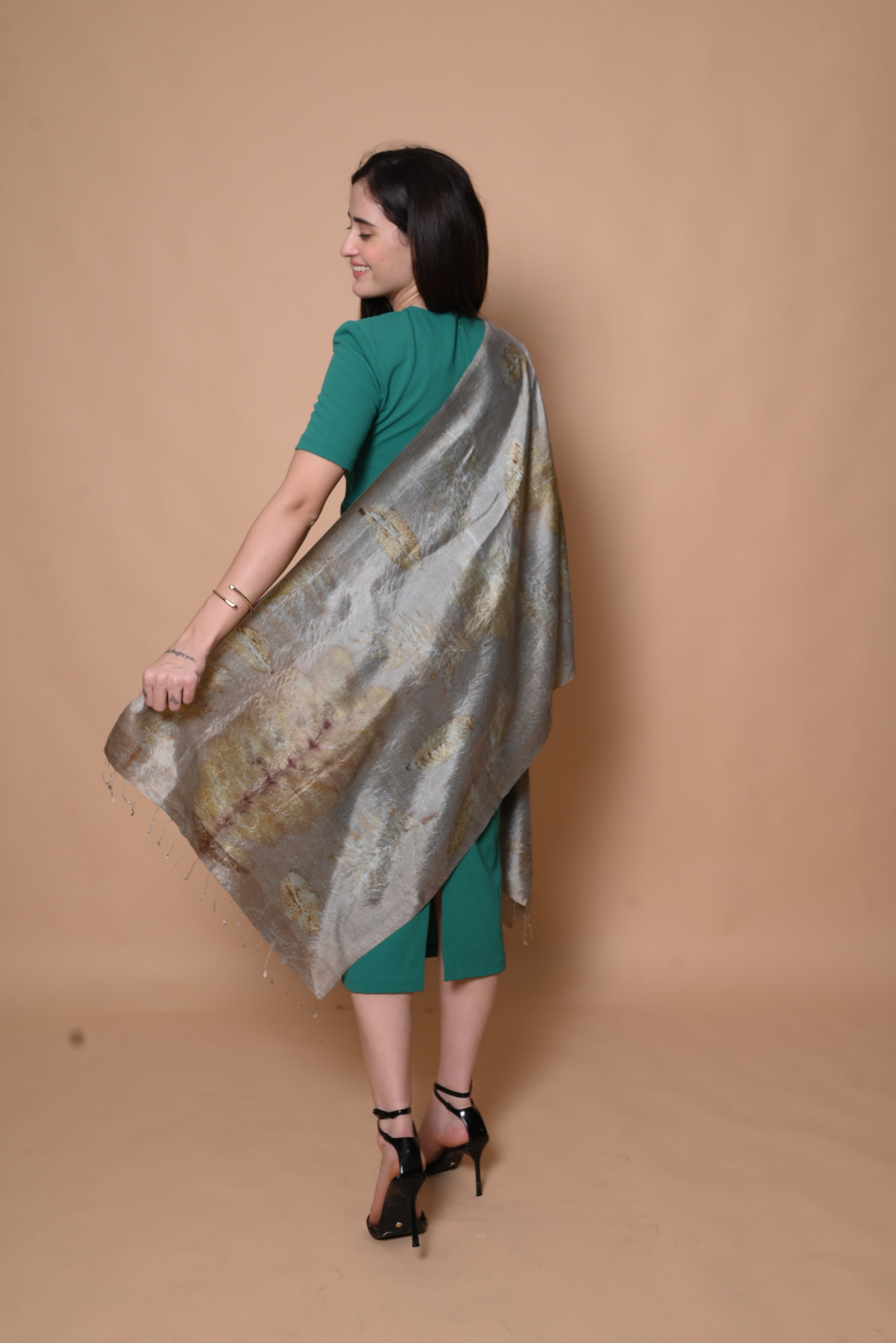 Grey Organic Leaves Dyed Mulberry Silk Stole