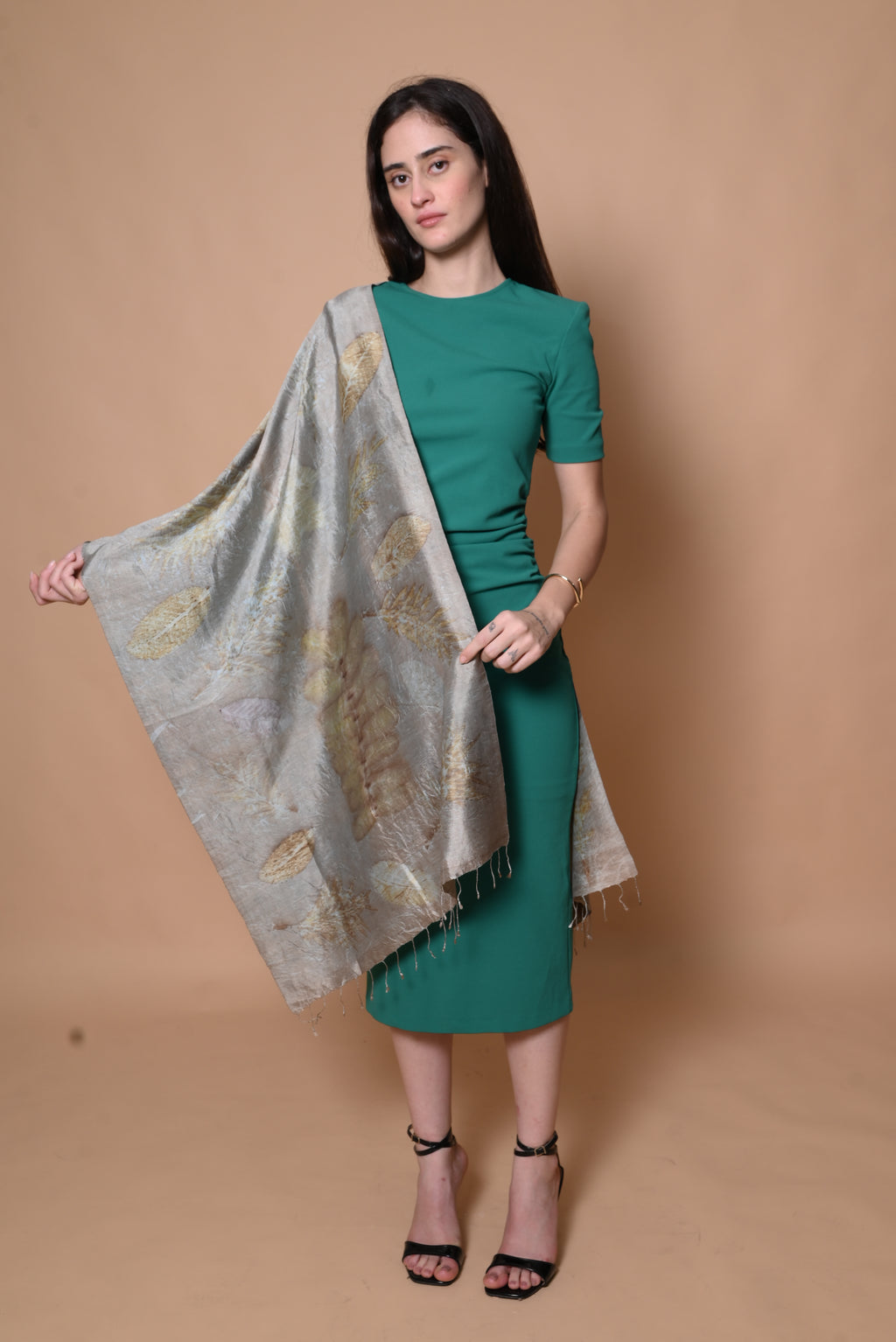 Grey Organic Leaves Dyed Mulberry Silk Stole