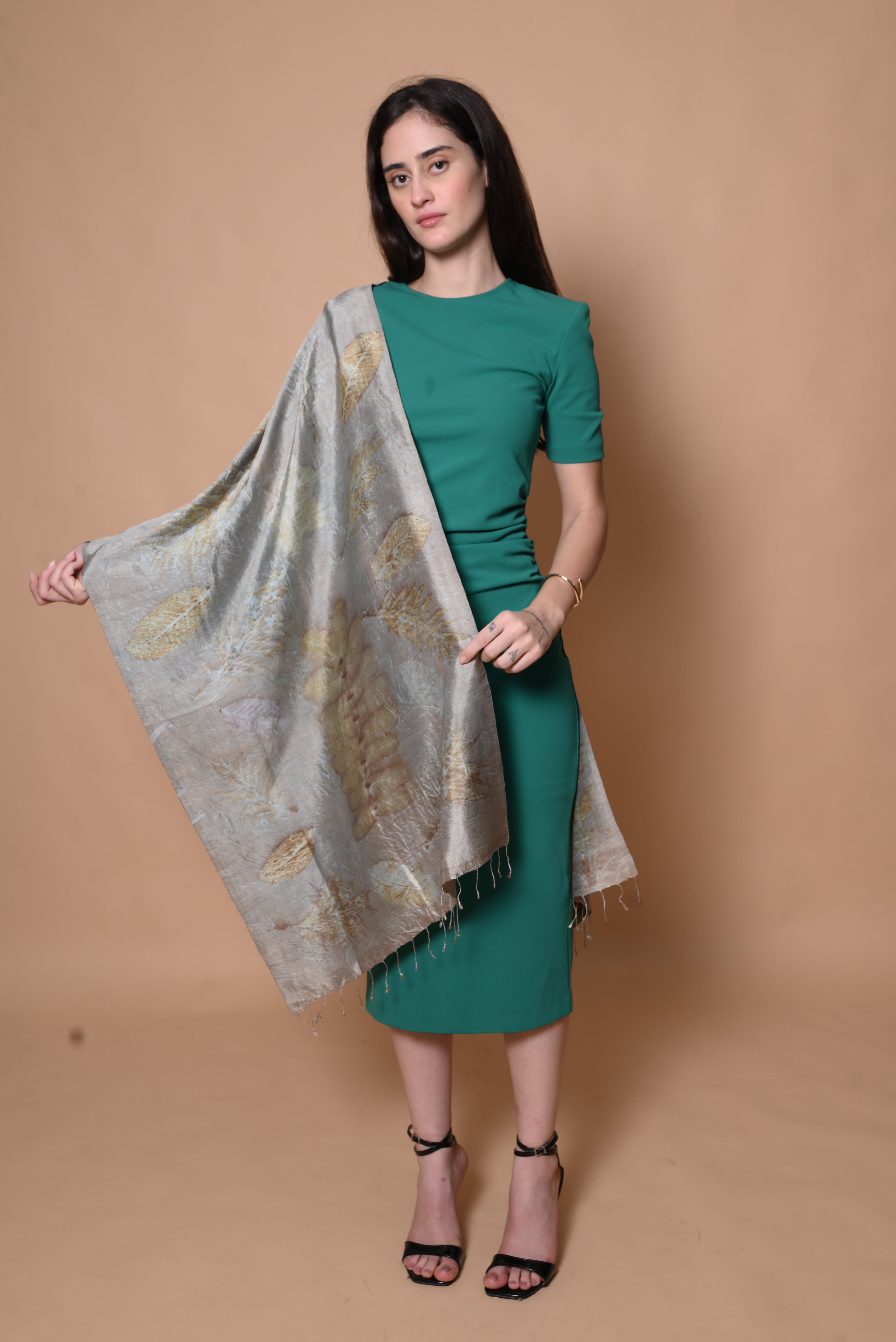 Grey Organic Leaves Dyed Mulberry Silk Stole