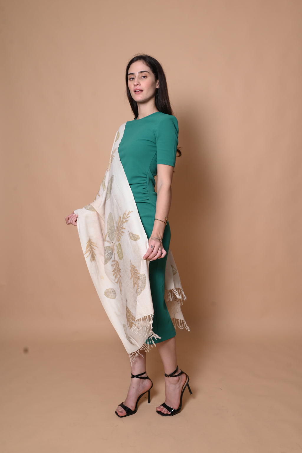 Ivory Fern and Eucalyptus Organic Leaves Dyed Eri Silk Stole