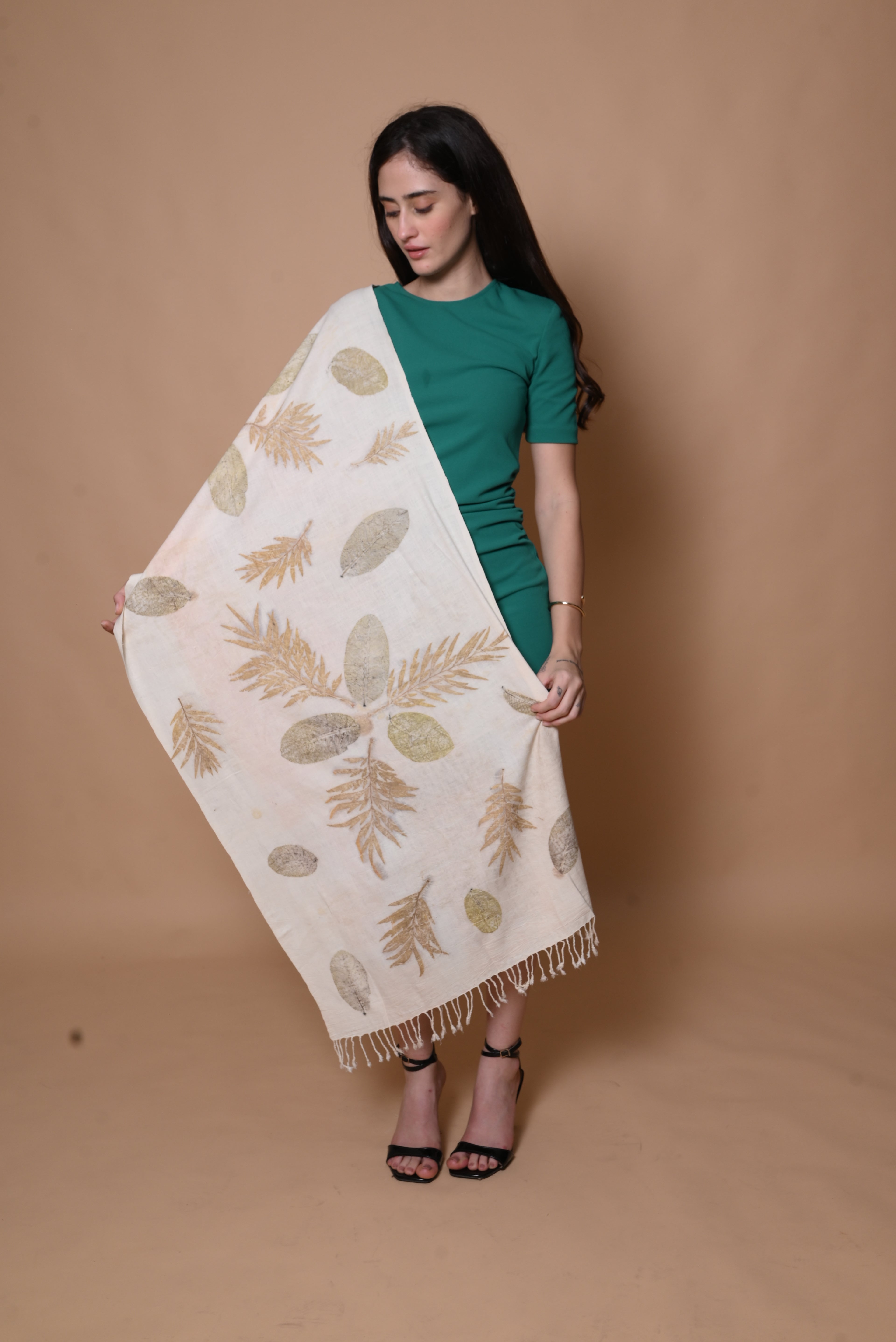 Ivory Fern and Eucalyptus Organic Leaves Dyed Eri Silk Stole