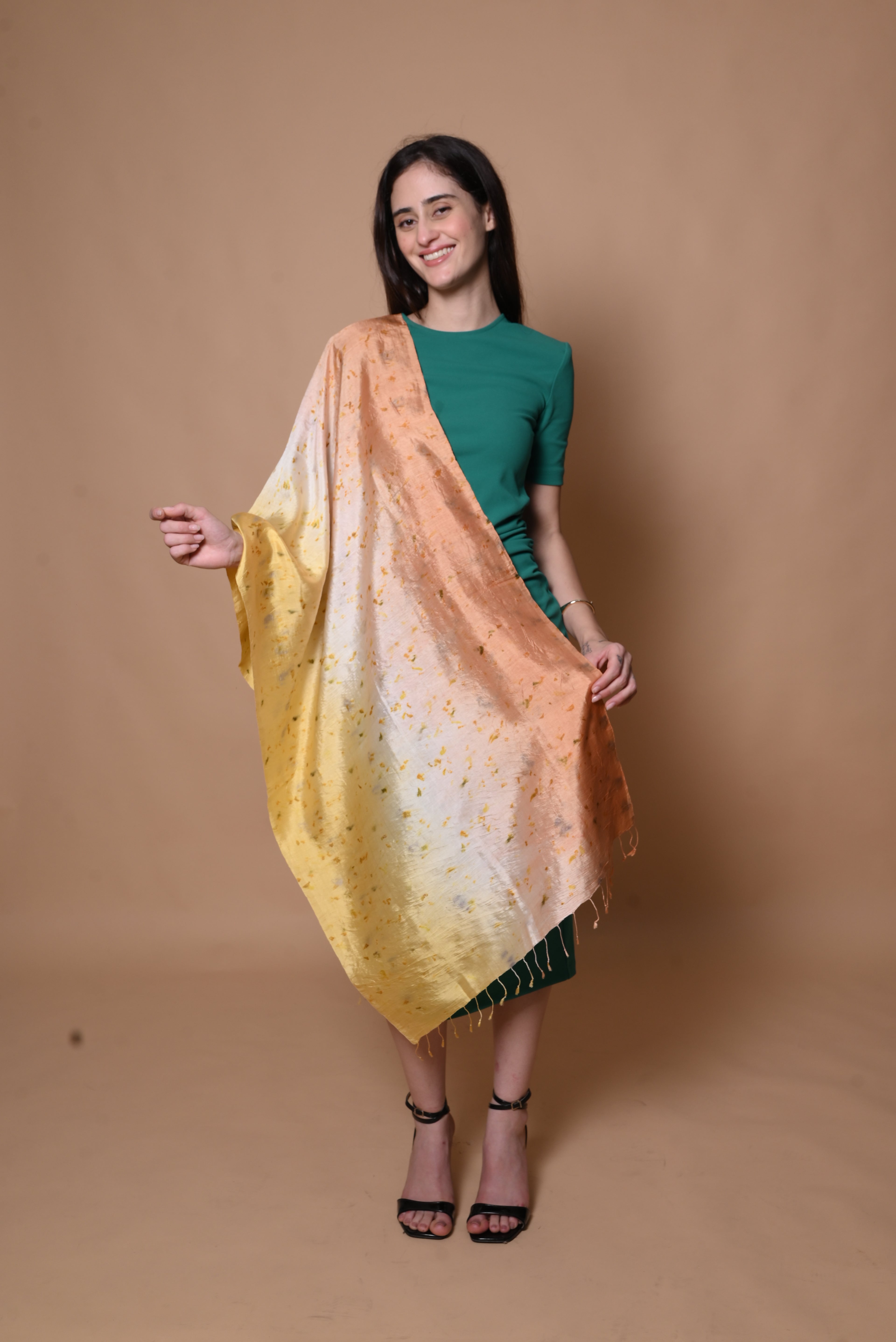 Peach and Yellow Ombre Floral Organic Dyed Mulberry Silk Stole