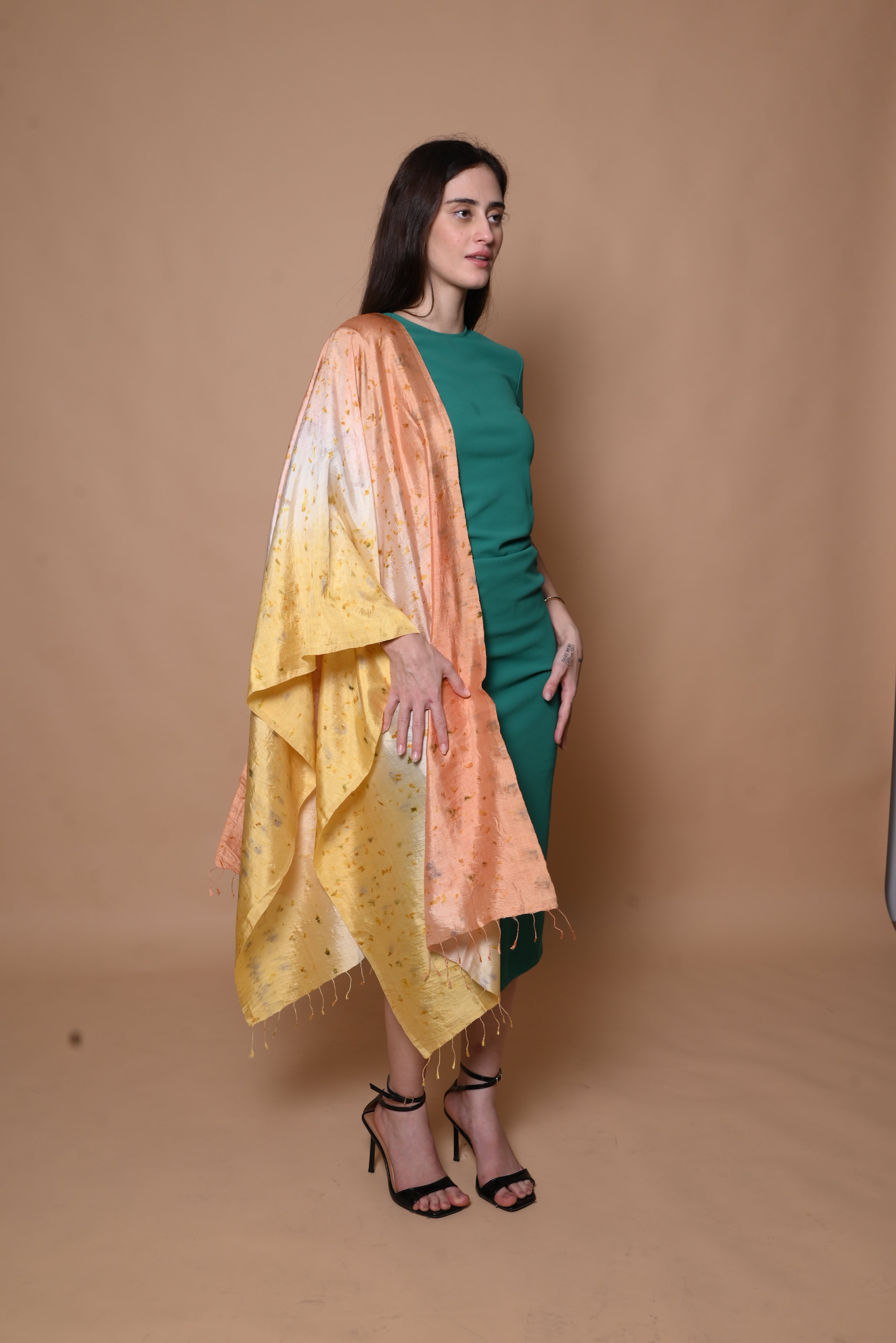 Peach and Yellow Ombre Floral Organic Dyed Mulberry Silk Stole