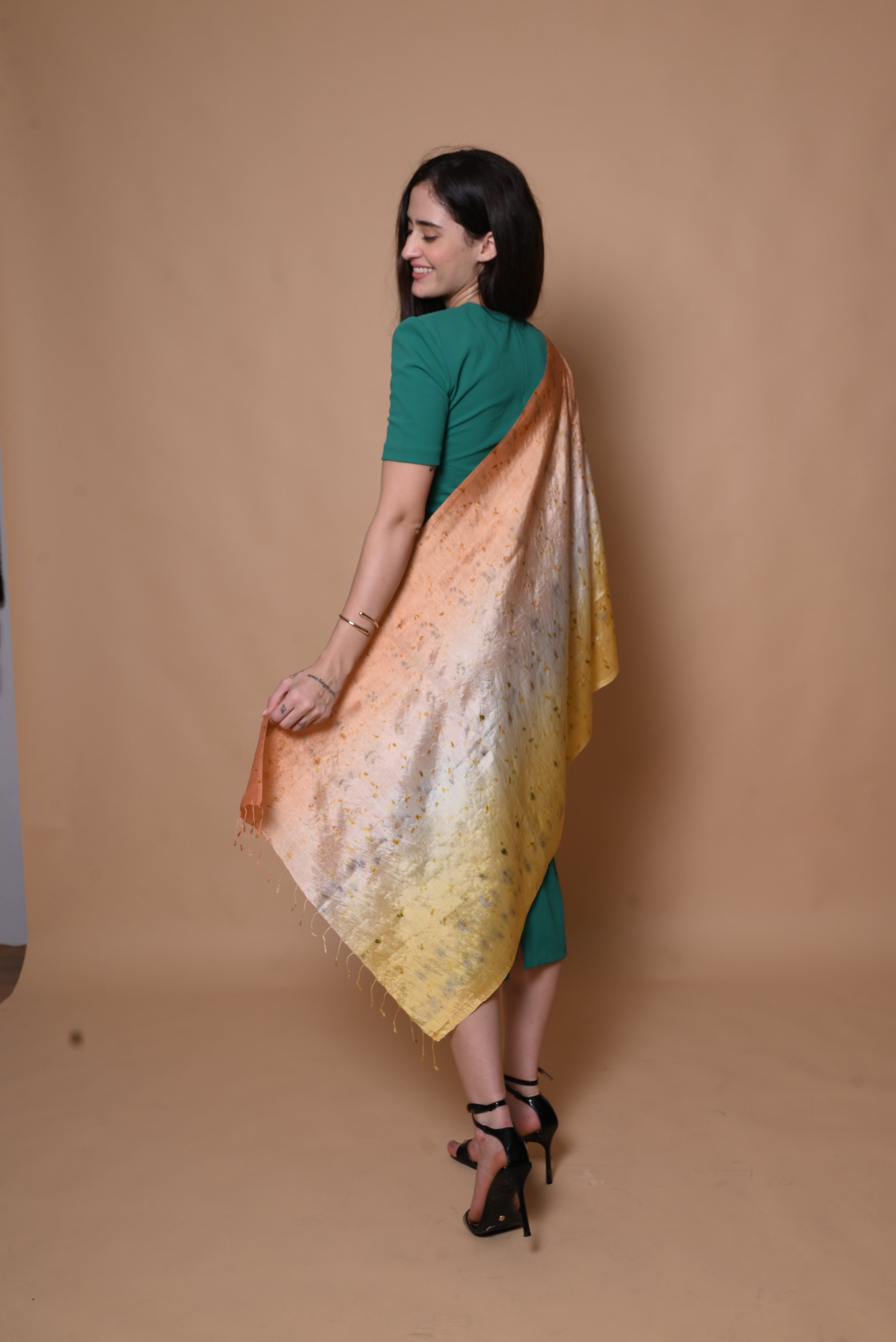 Peach and Yellow Ombre Floral Organic Dyed Mulberry Silk Stole