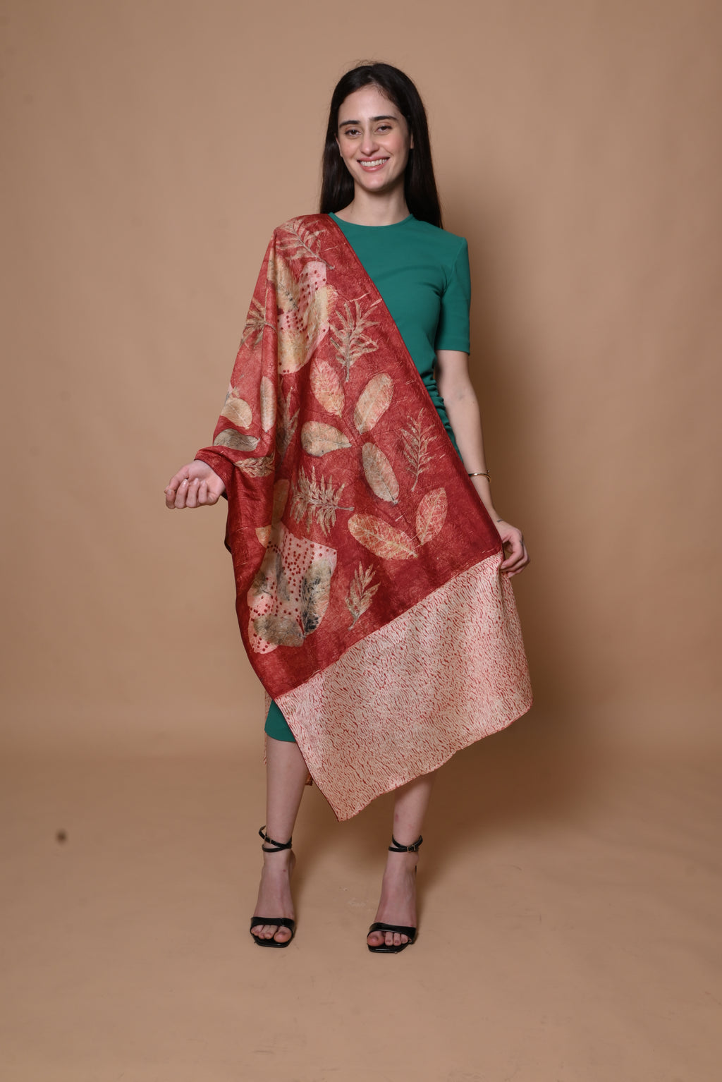 Red Organic Leaves Dyed Mulberry Silk Stole