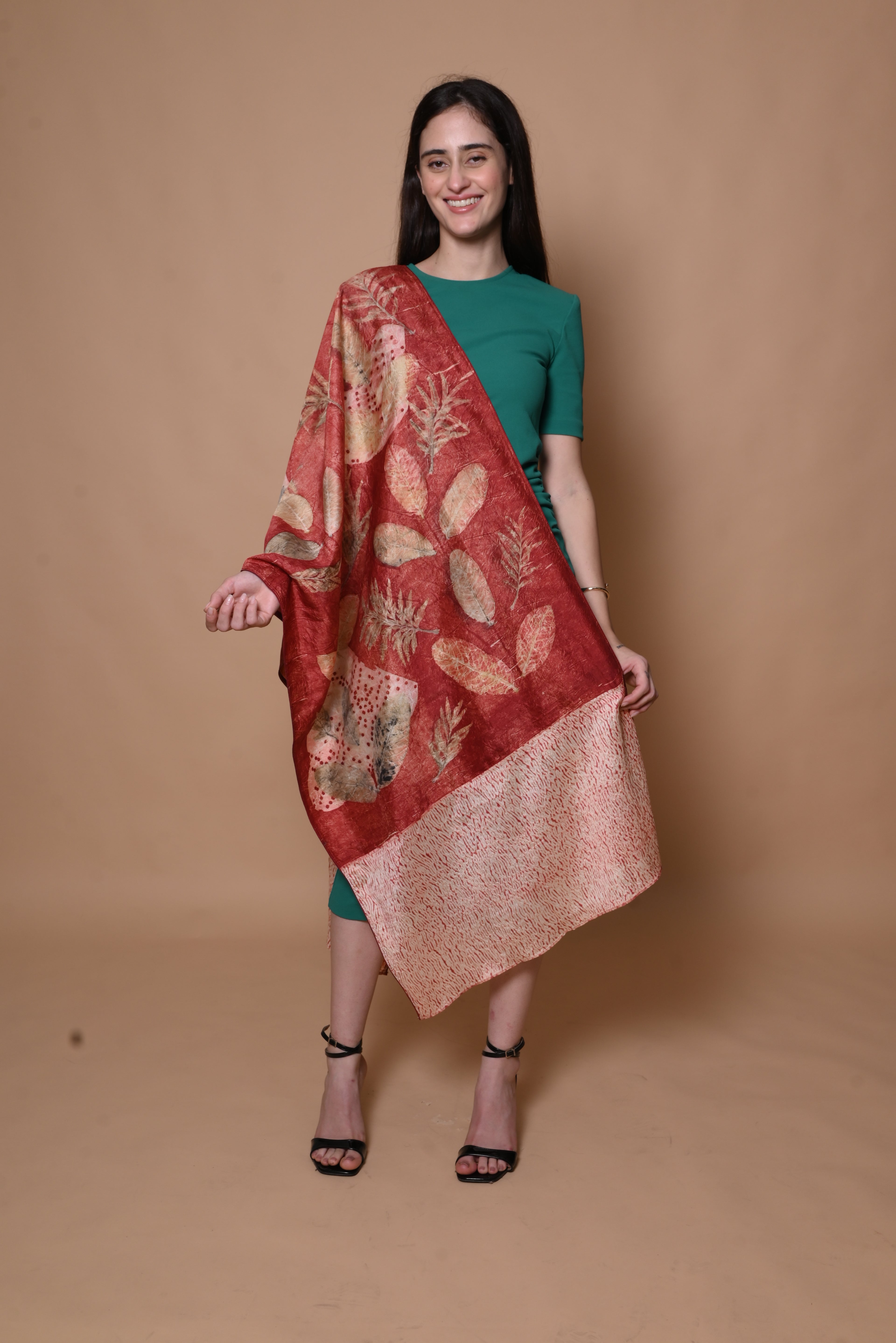 Red Organic Leaves Dyed Mulberry Silk Stole