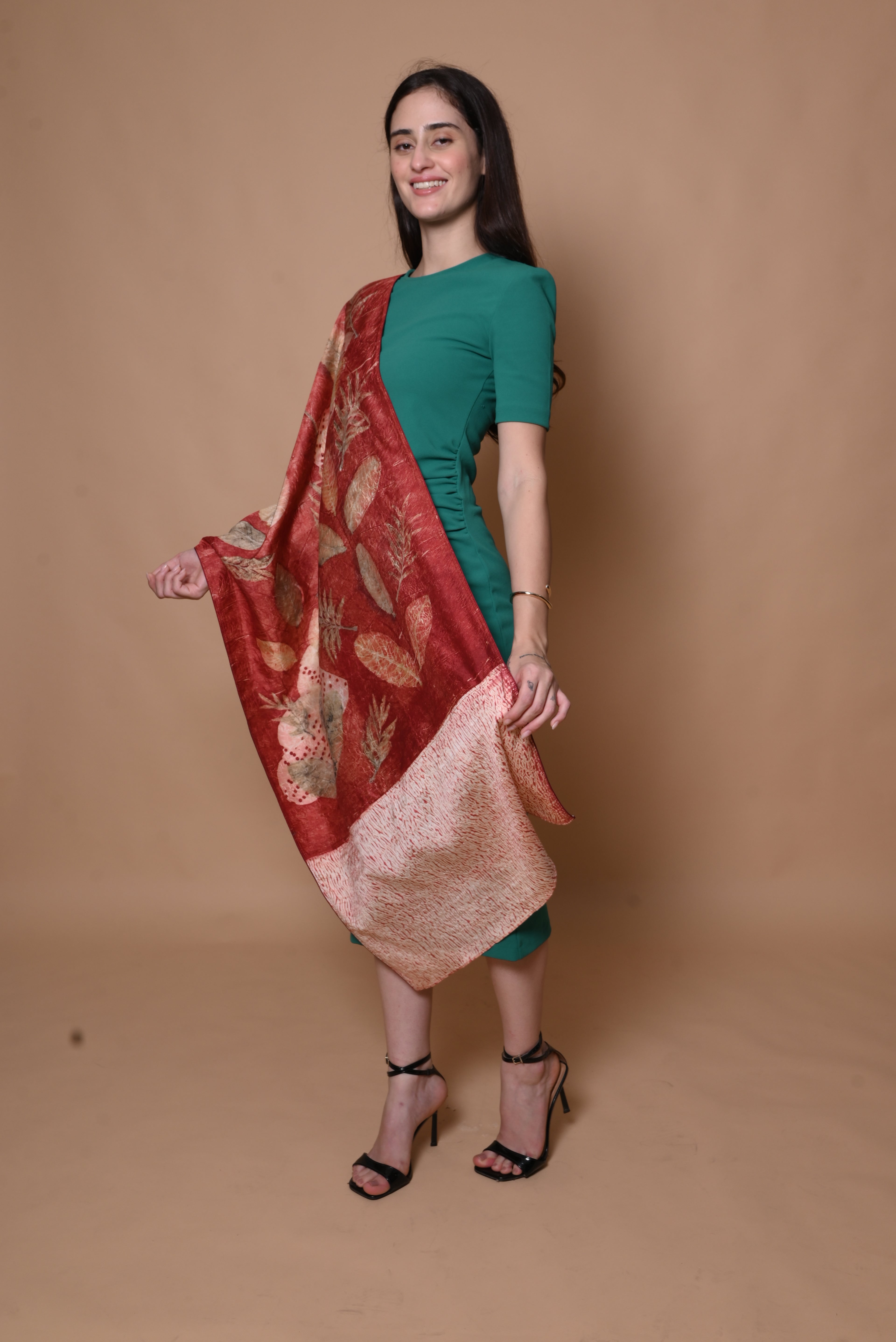 Red Organic Leaves Dyed Mulberry Silk Stole