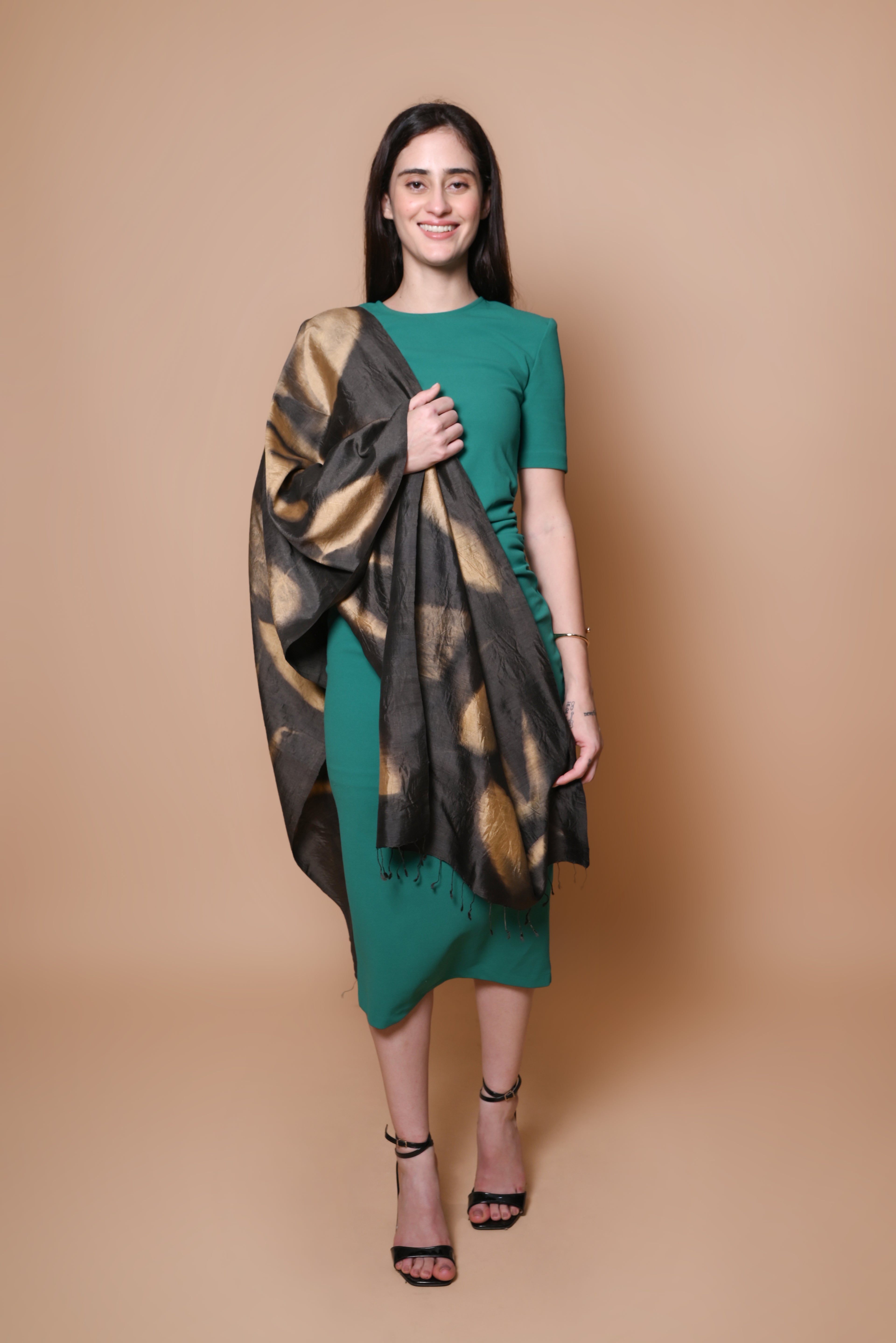 Black Organic Leaves Dyed Mulberry Silk Stole