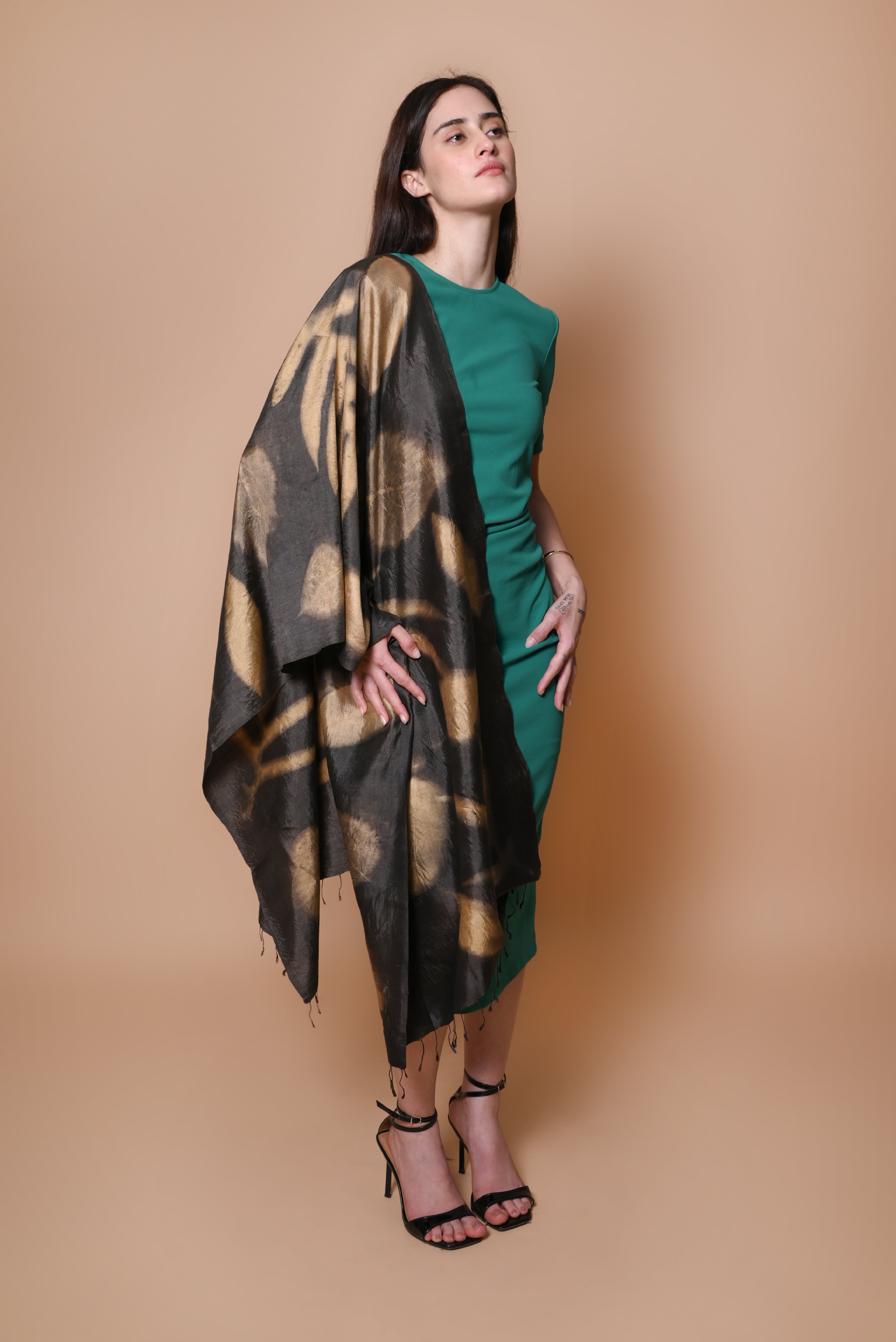 Black Organic Leaves Dyed Mulberry Silk Stole