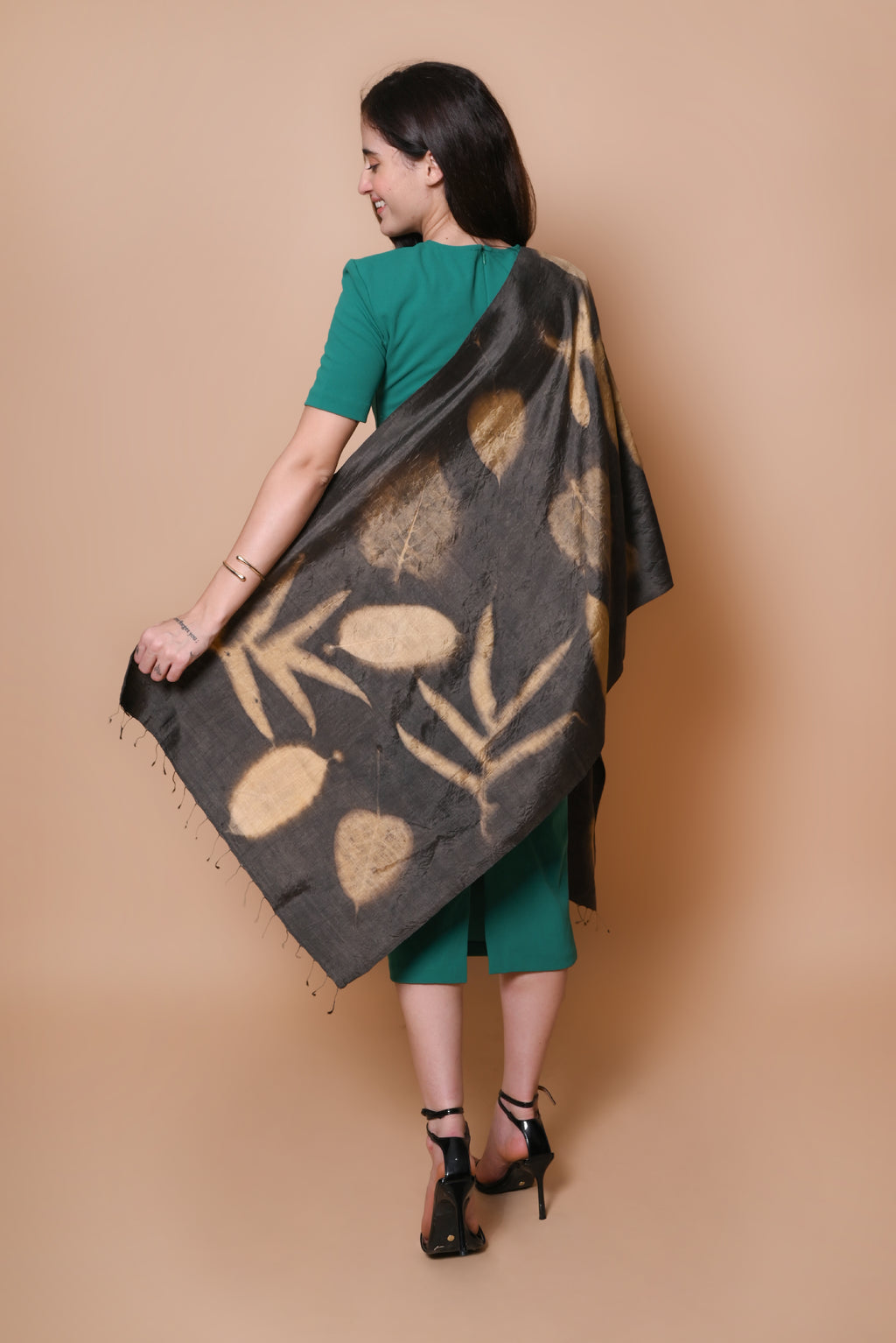 Black Organic Leaves Dyed Mulberry Silk Stole