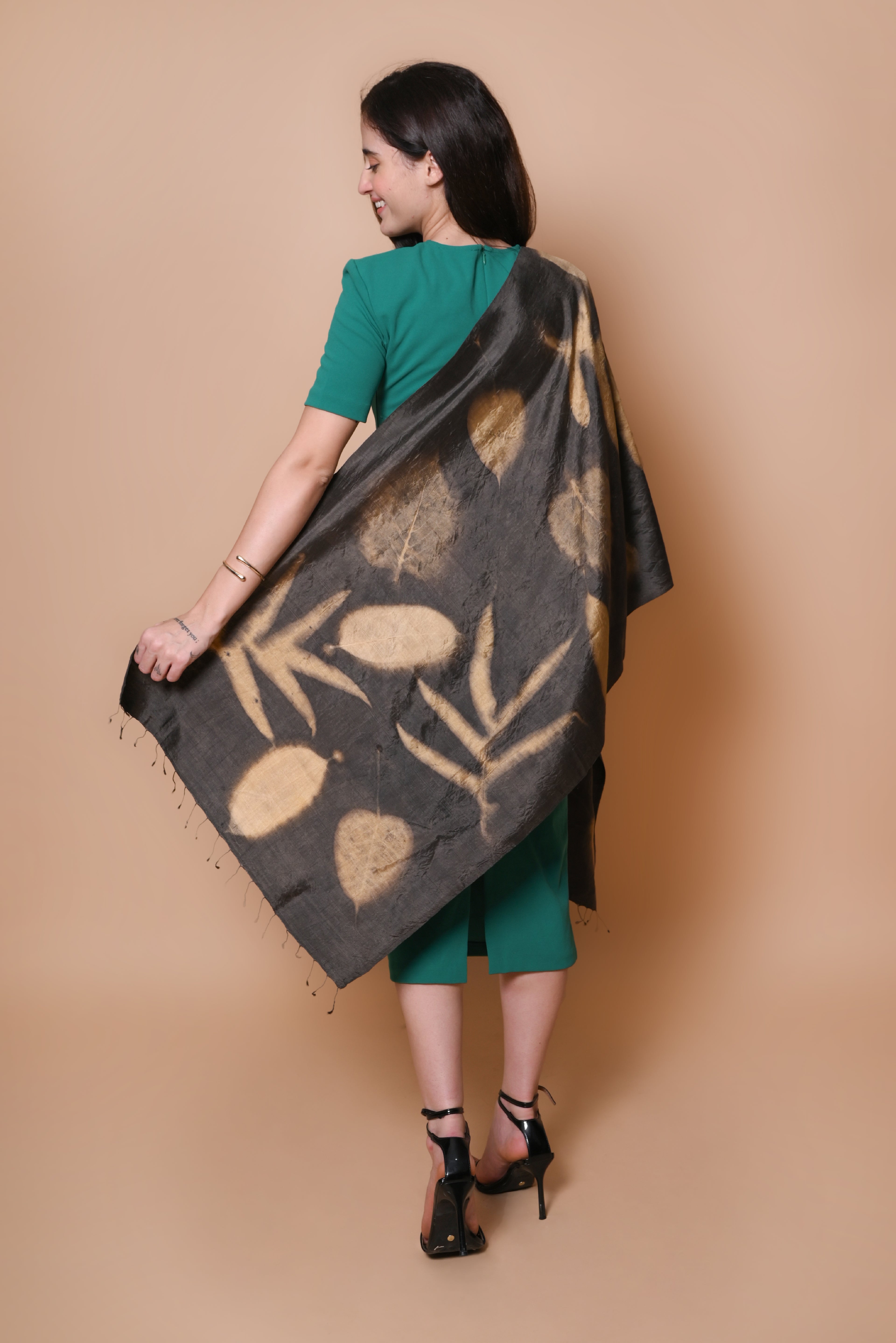 Black Organic Leaves Dyed Mulberry Silk Stole