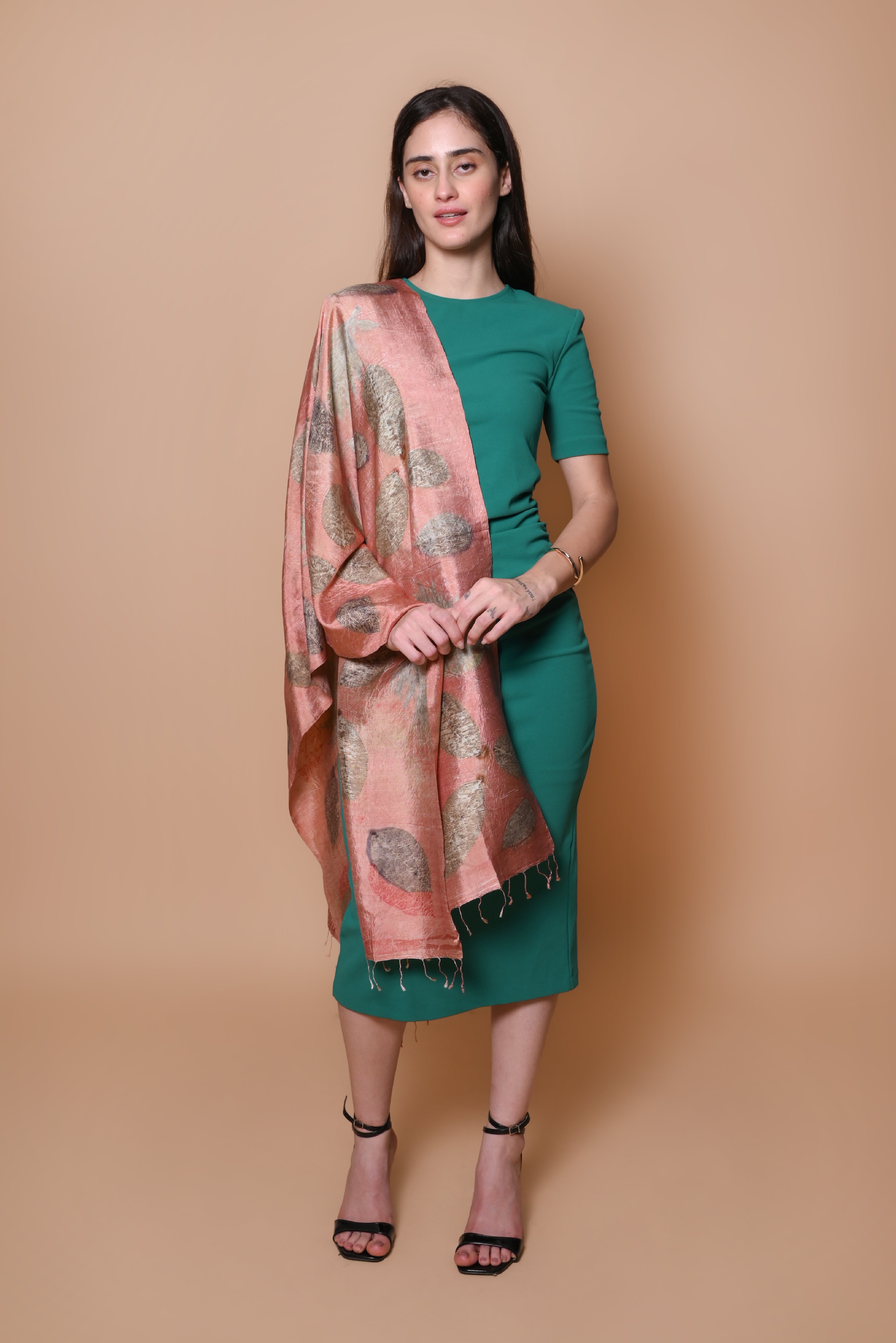 Coral Organic Leaves Dyed Mulberry Silk Stole