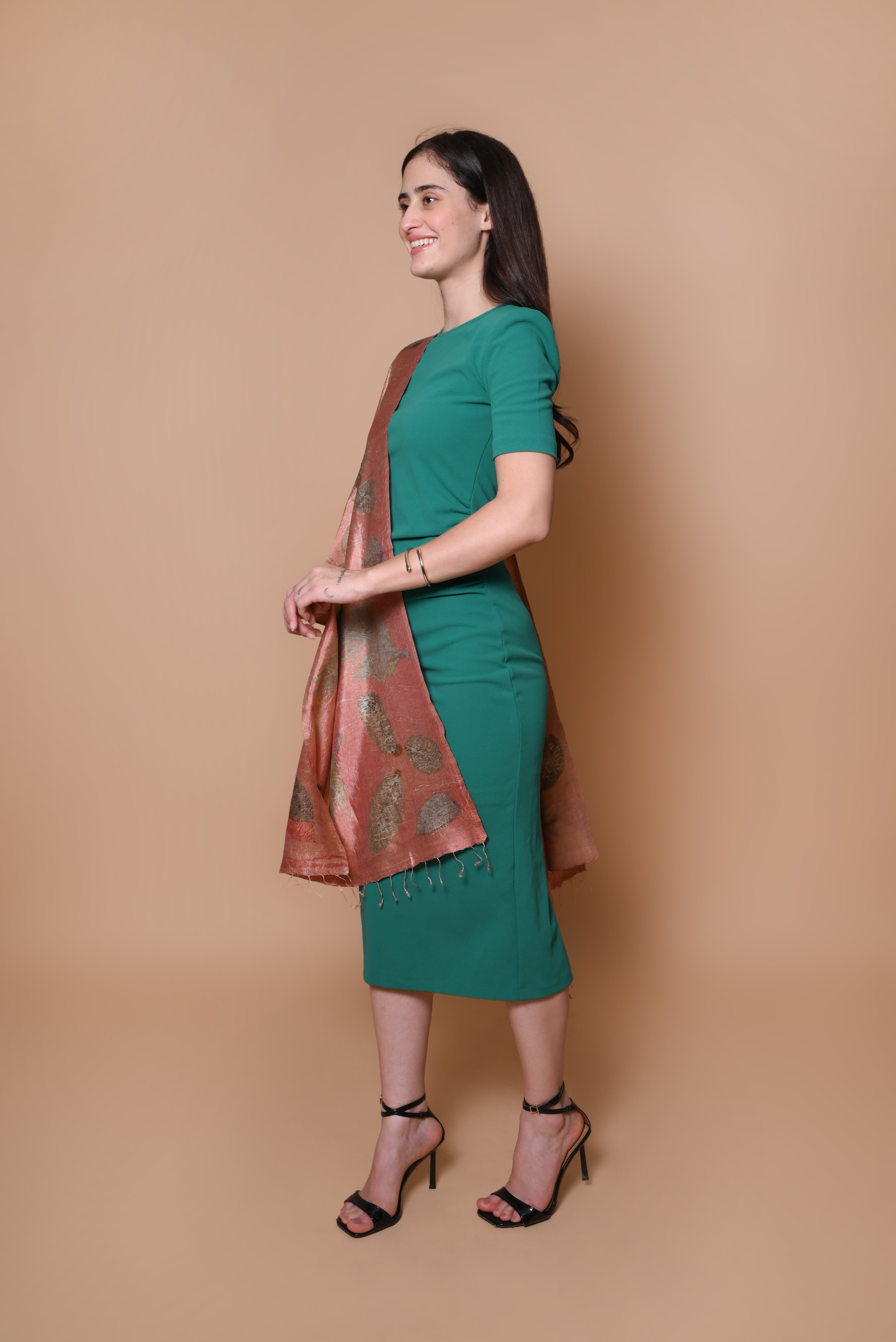 Coral Organic Leaves Dyed Mulberry Silk Stole