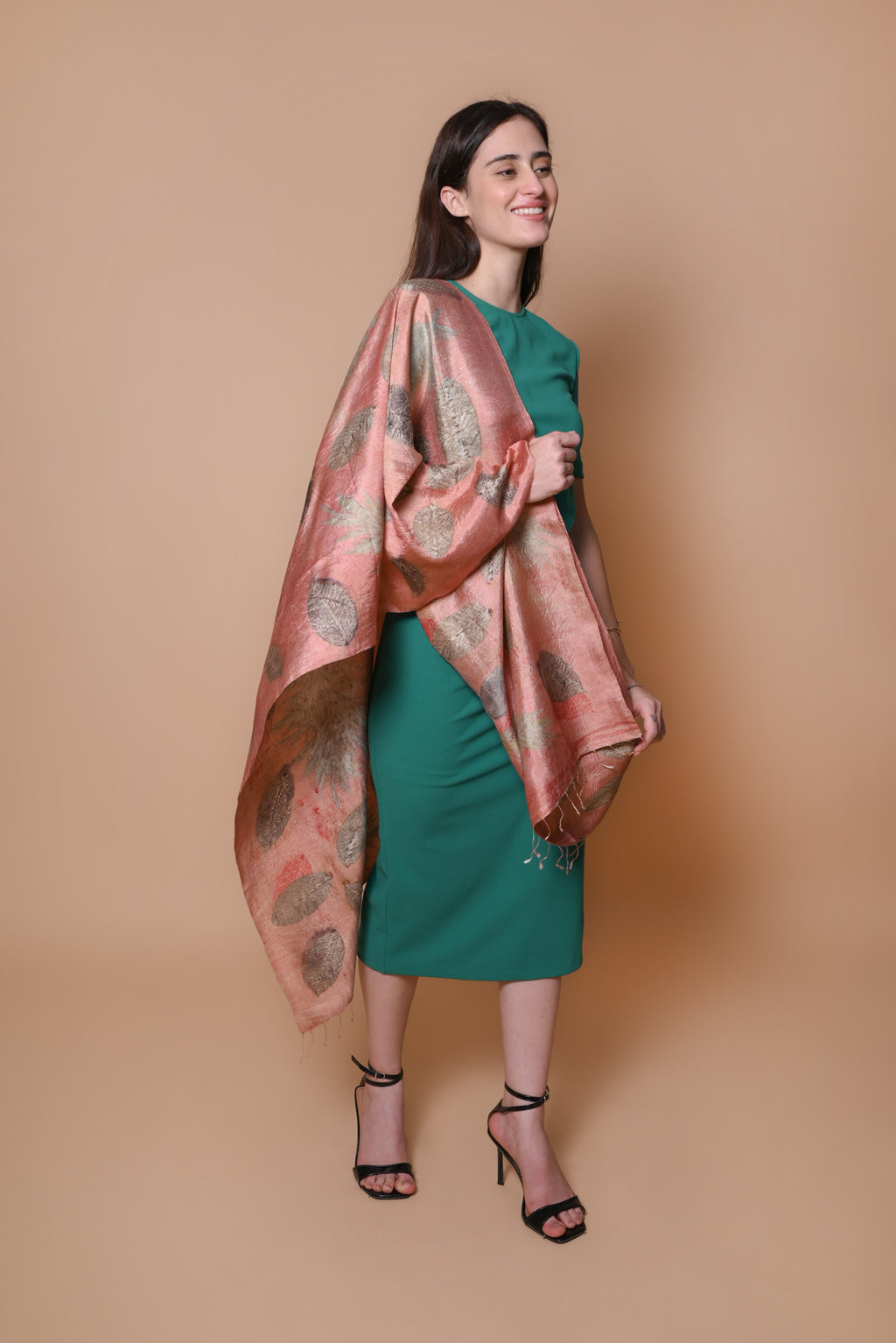 Coral Organic Leaves Dyed Mulberry Silk Stole