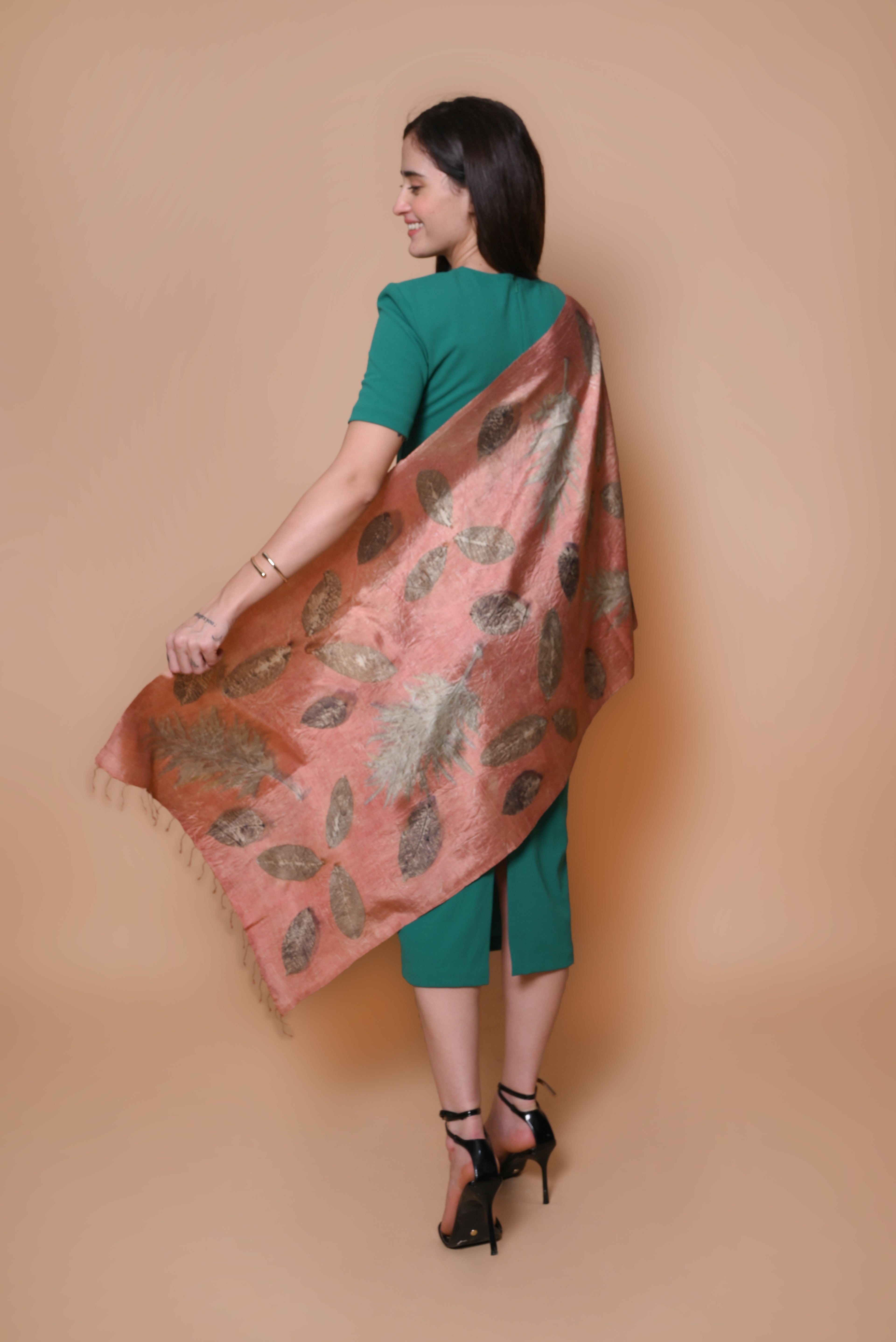 Coral Organic Leaves Dyed Mulberry Silk Stole