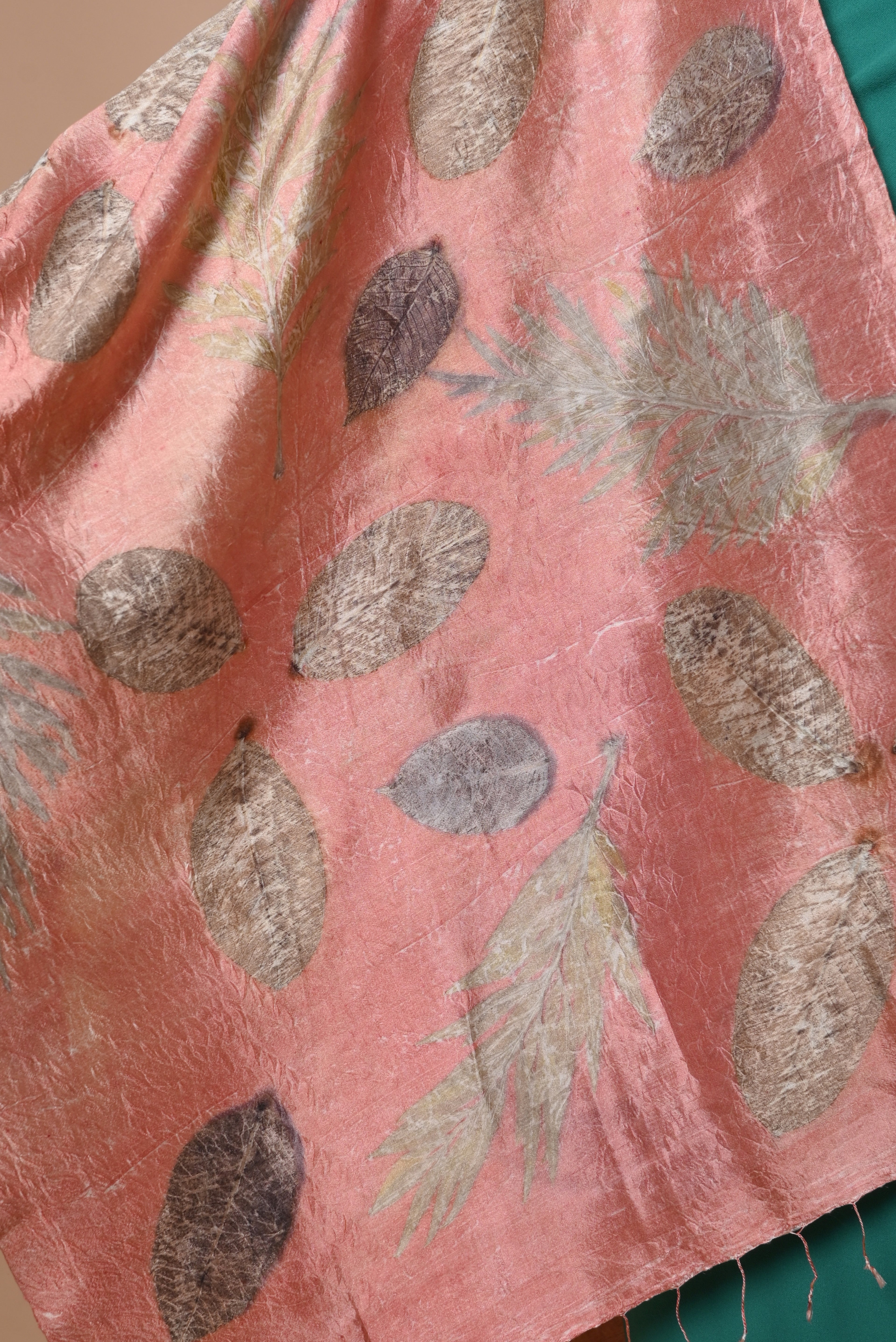 Coral Organic Leaves Dyed Mulberry Silk Stole