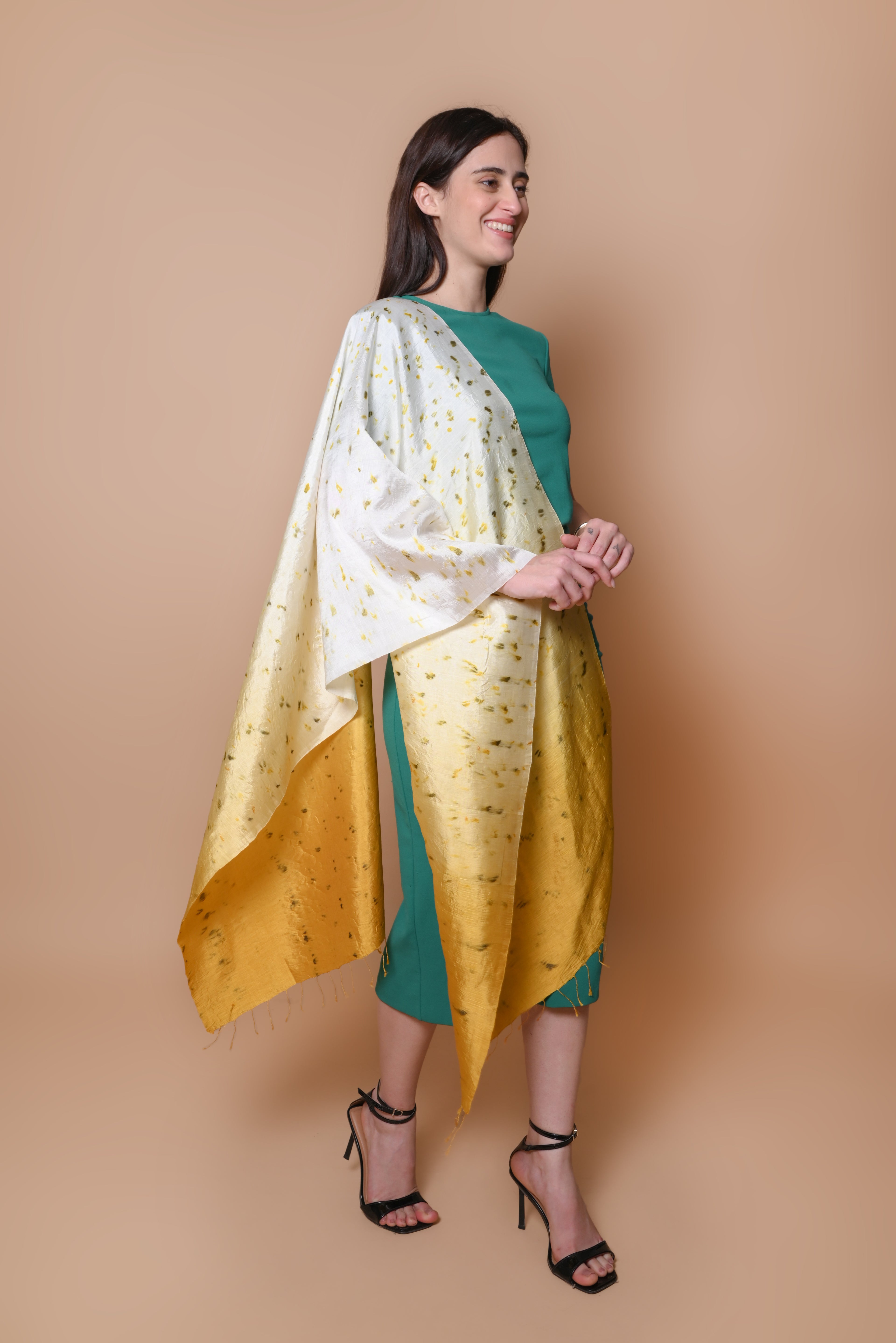 White and Yellow Ombre Floral  Organic Dyed Mulberry Silk Stole