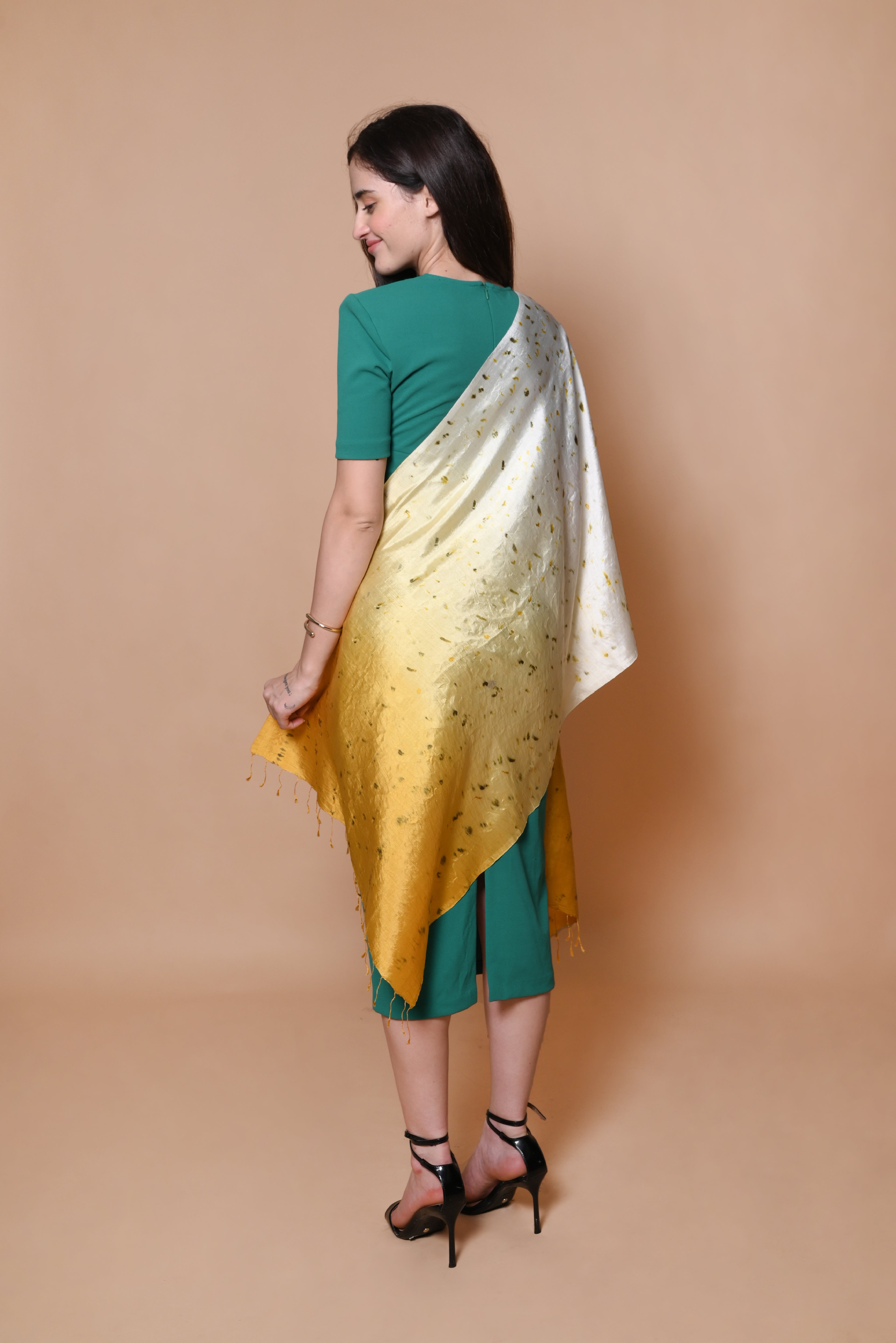 White and Yellow Ombre Floral  Organic Dyed Mulberry Silk Stole