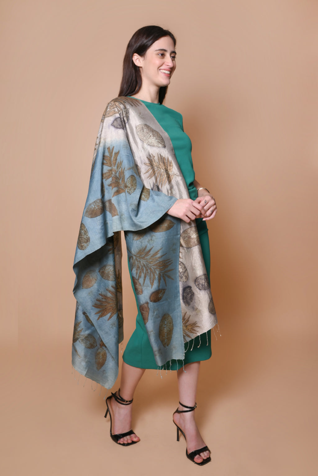 Blue and Beige Organic Leaves Dyed Mulberry Silk Stole