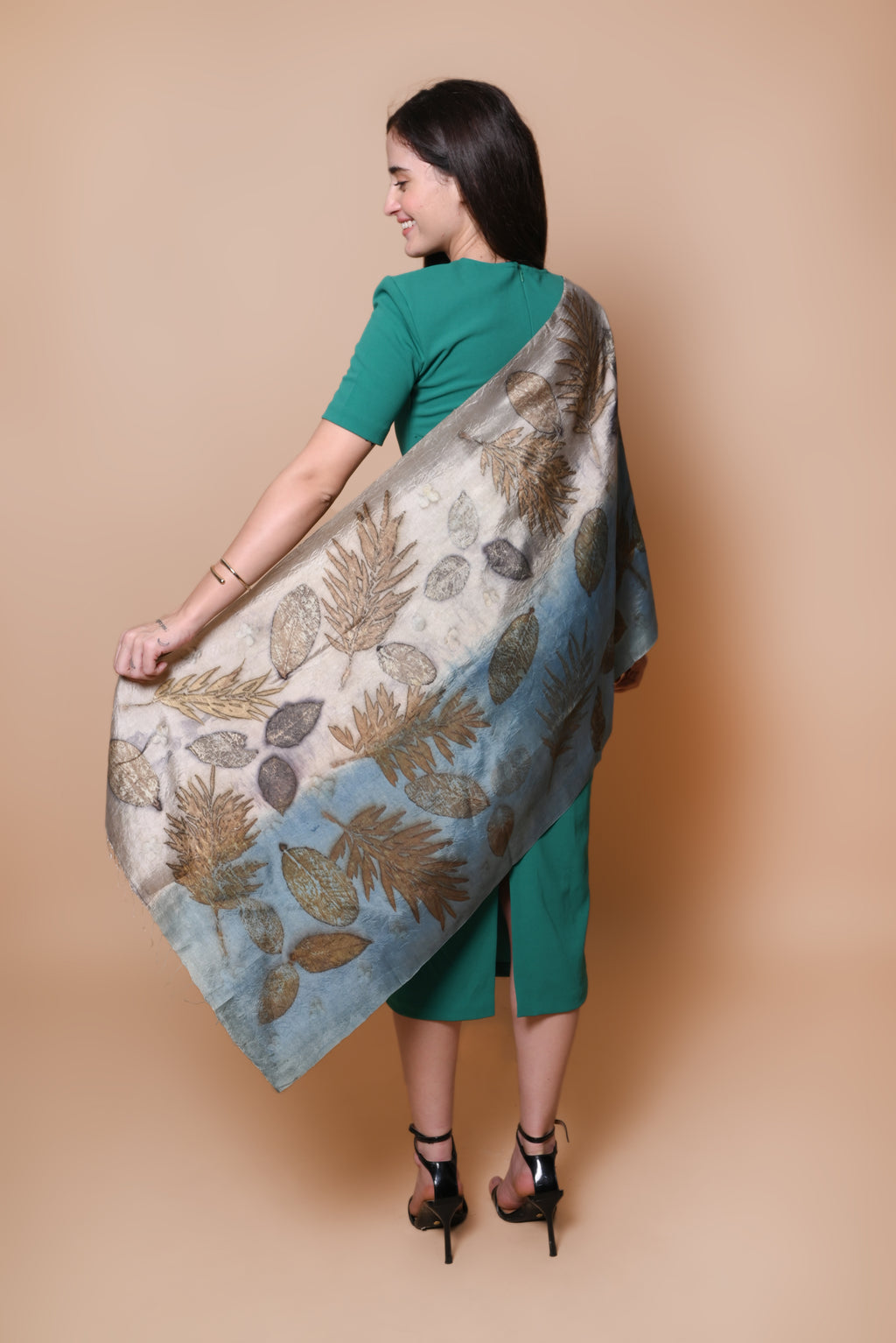 Blue and Beige Organic Leaves Dyed Mulberry Silk Stole
