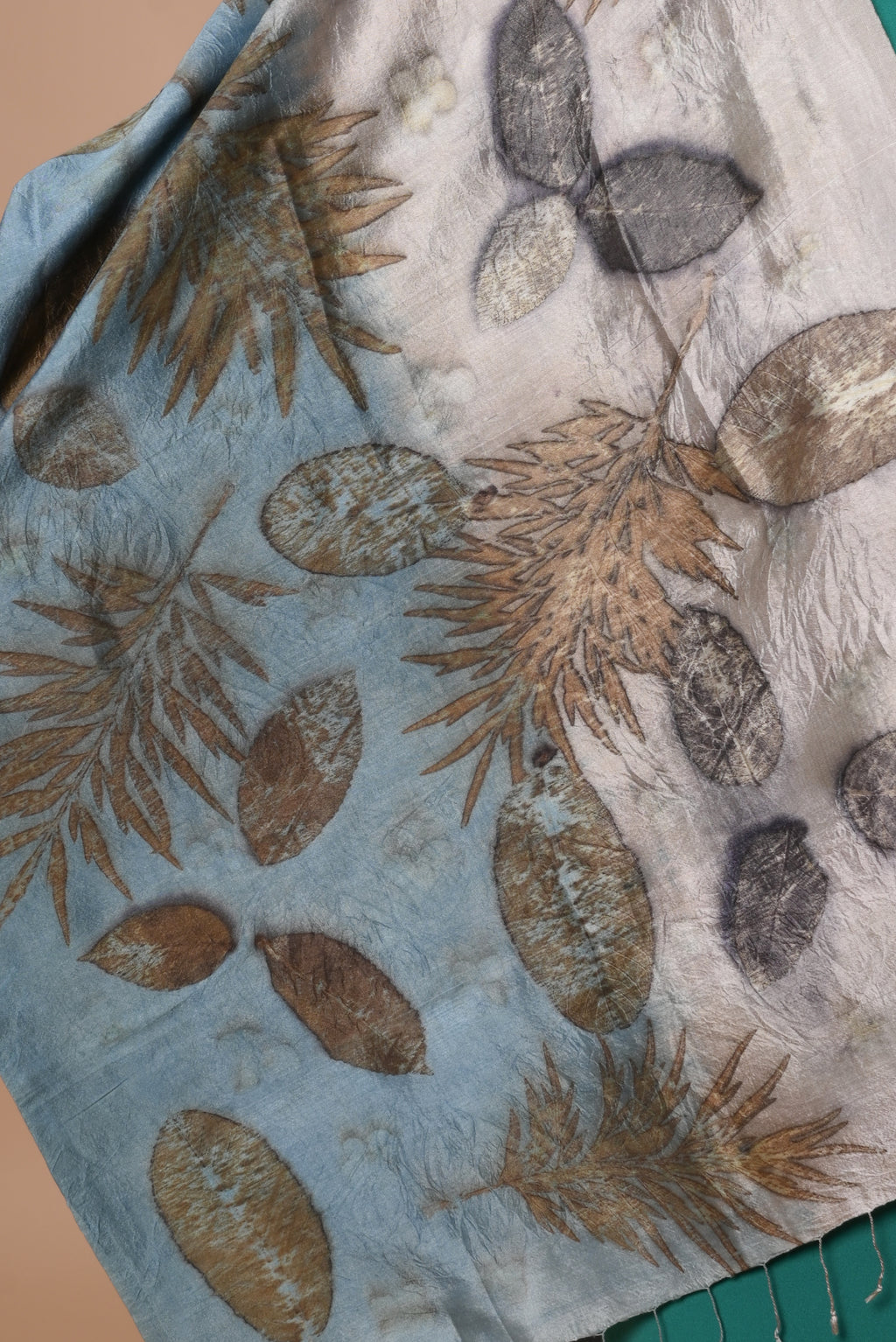 Blue and Beige Organic Leaves Dyed Mulberry Silk Stole
