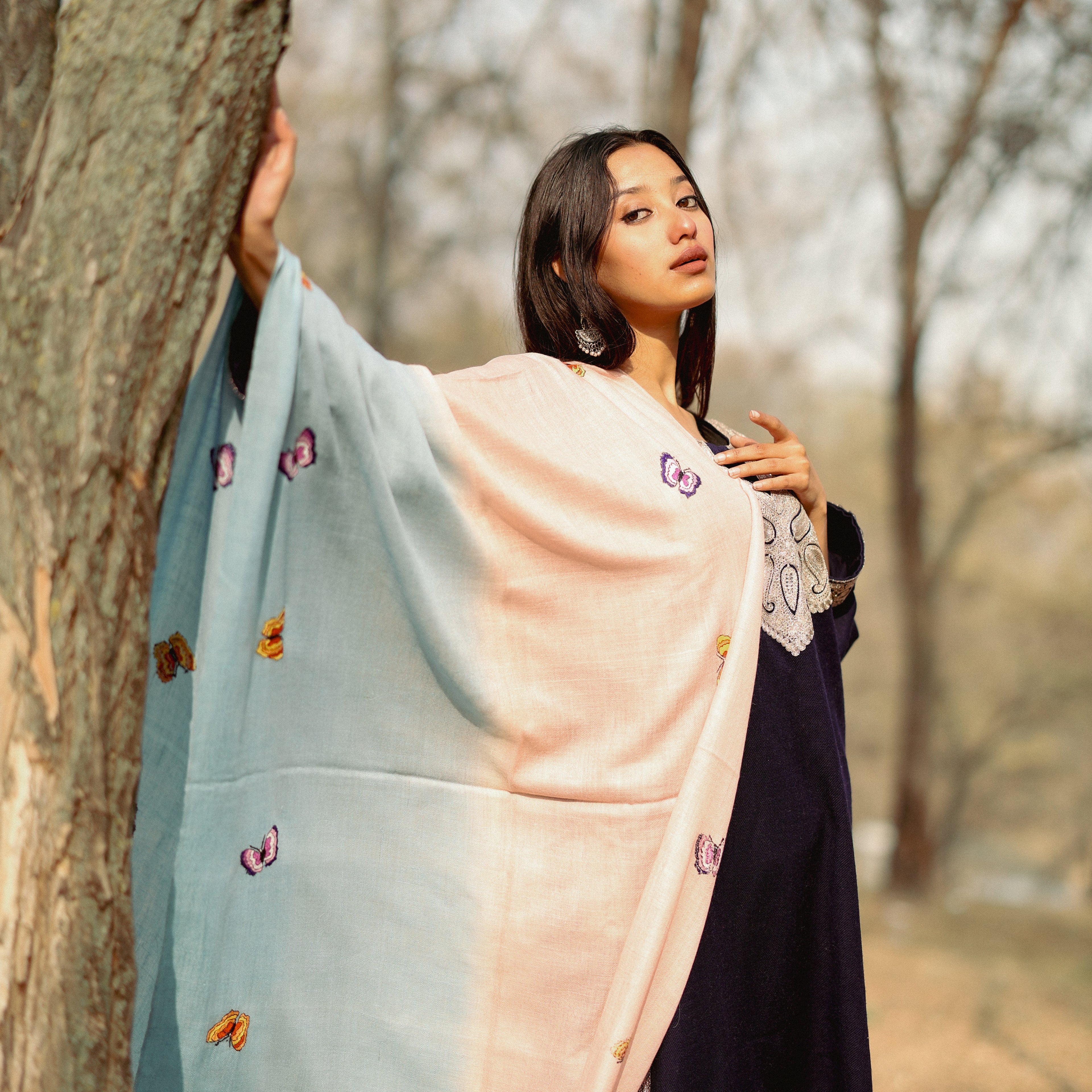 Pink and Blue Ombre Sozni Hand Embroidered Pashmina Wrap