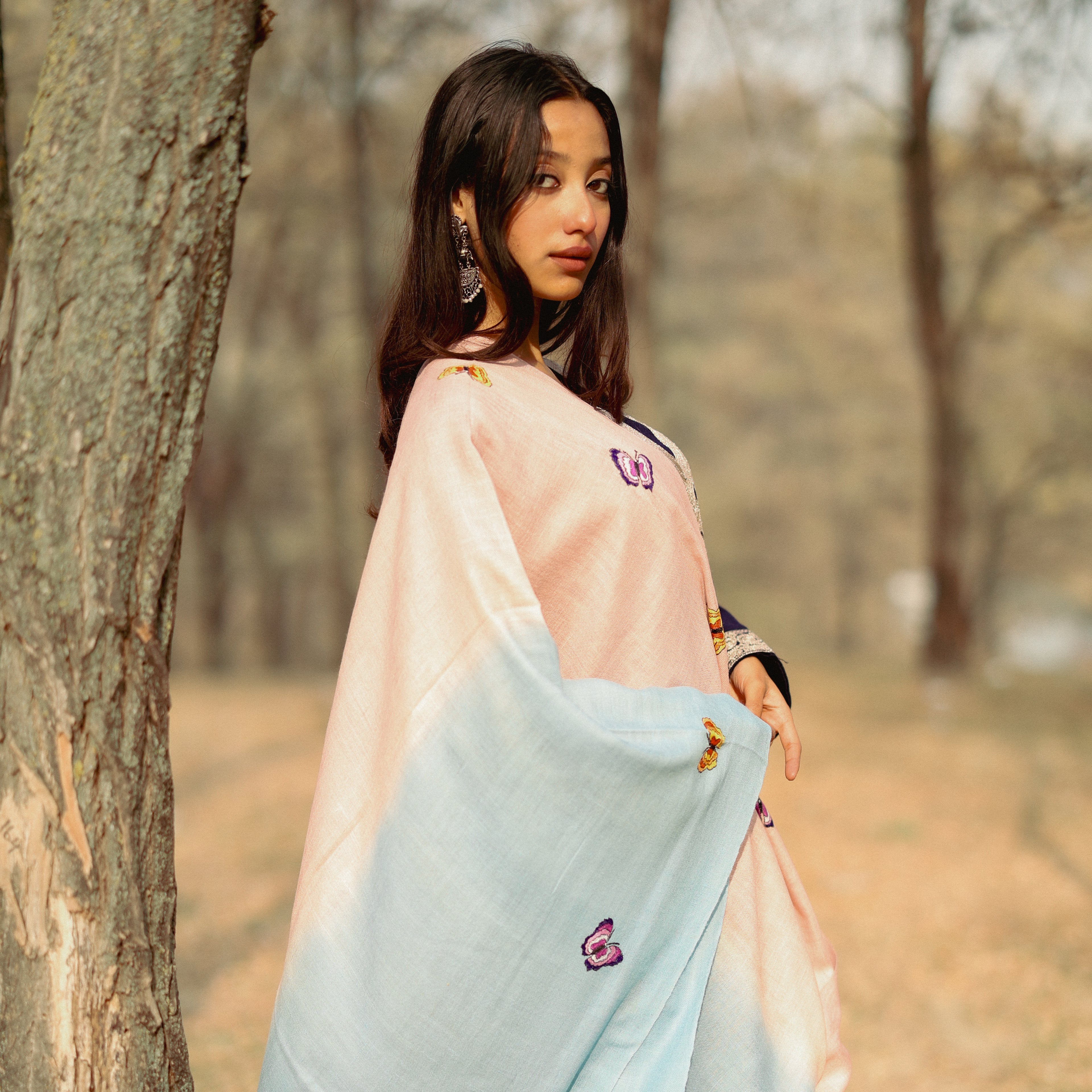 Pink and Blue Ombre Sozni Hand Embroidered Pashmina Wrap