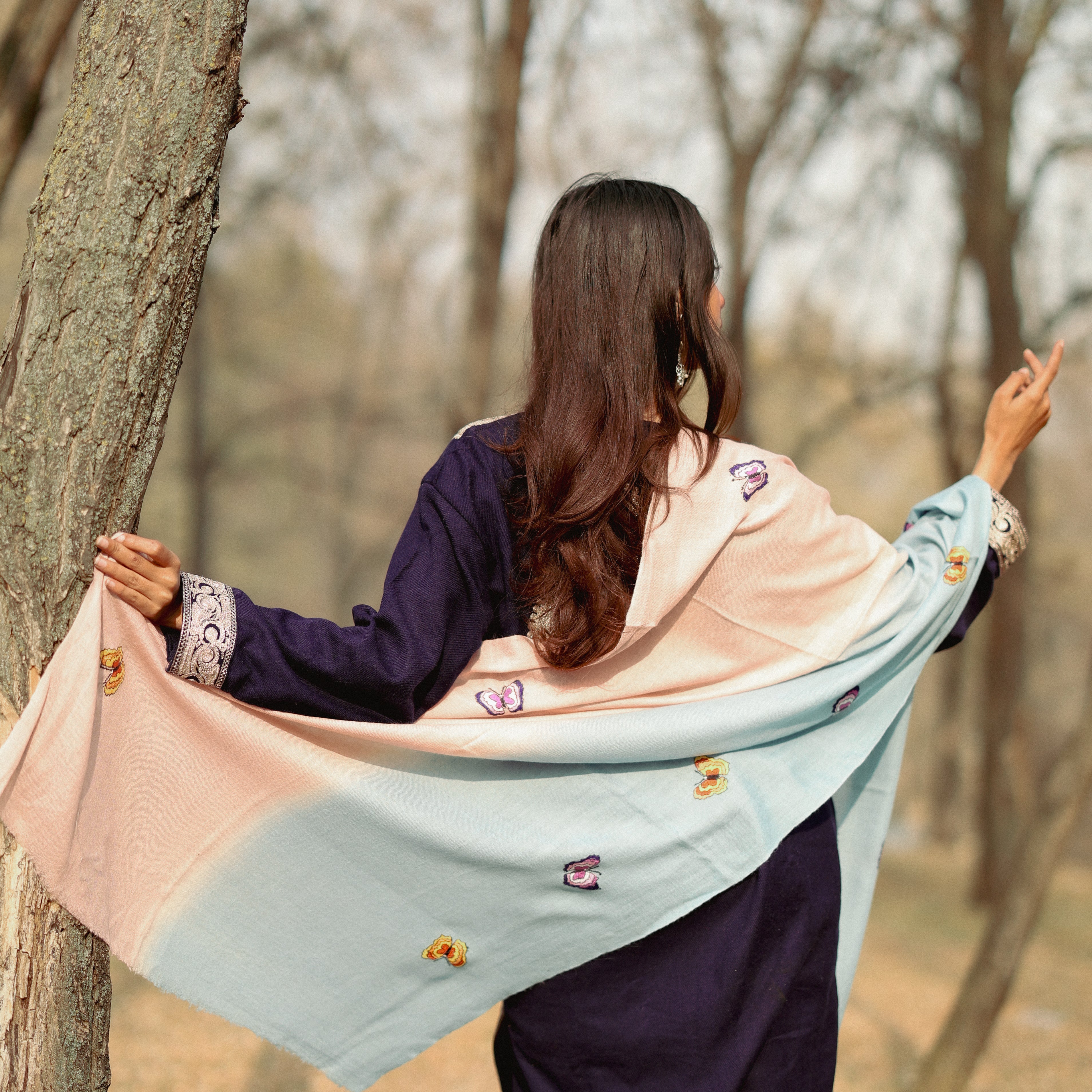 Pink and Blue Ombre Sozni Hand Embroidered Pashmina Wrap