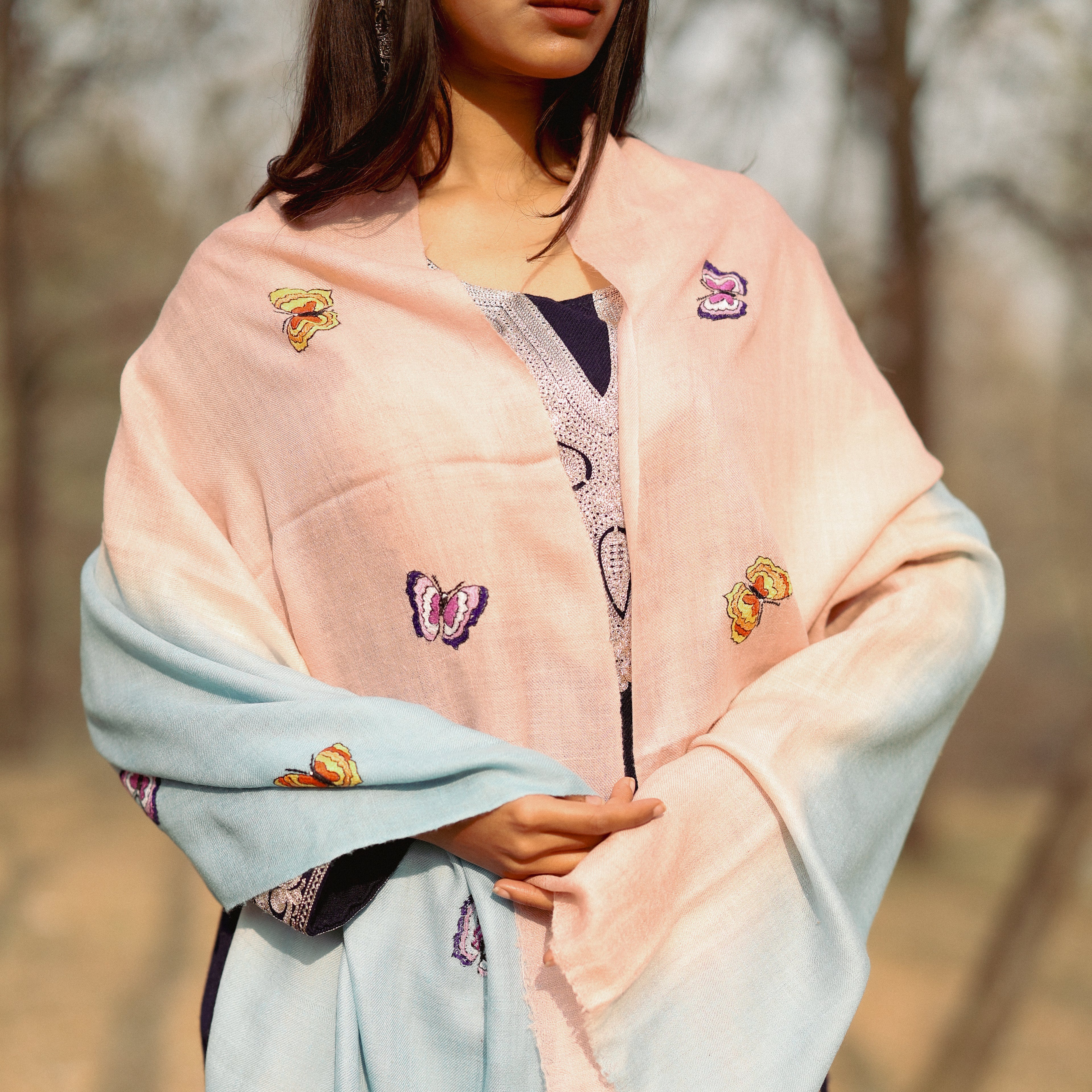 Pink and Blue Ombre Sozni Hand Embroidered Pashmina Wrap