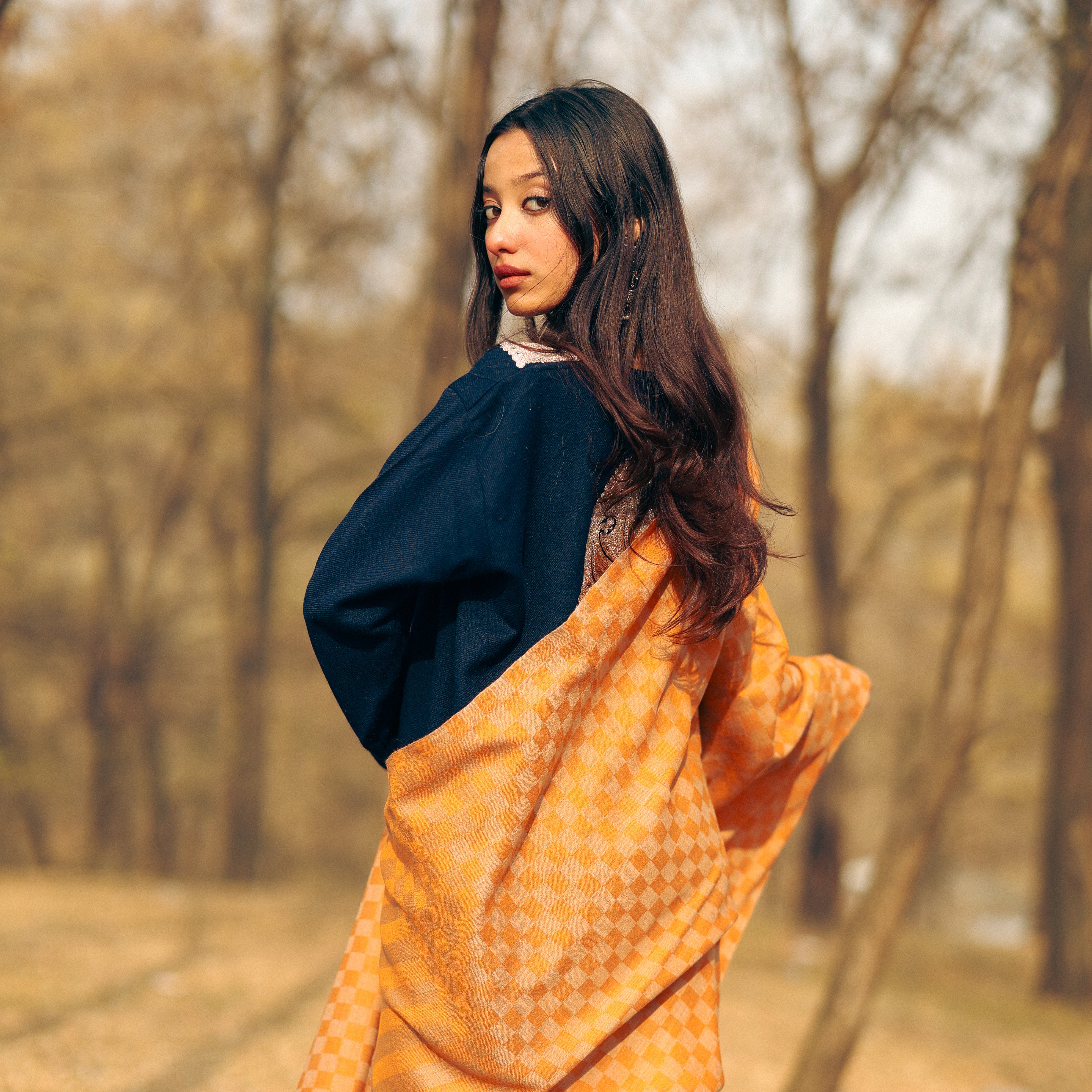Orange Checkered Pashmina Wrap