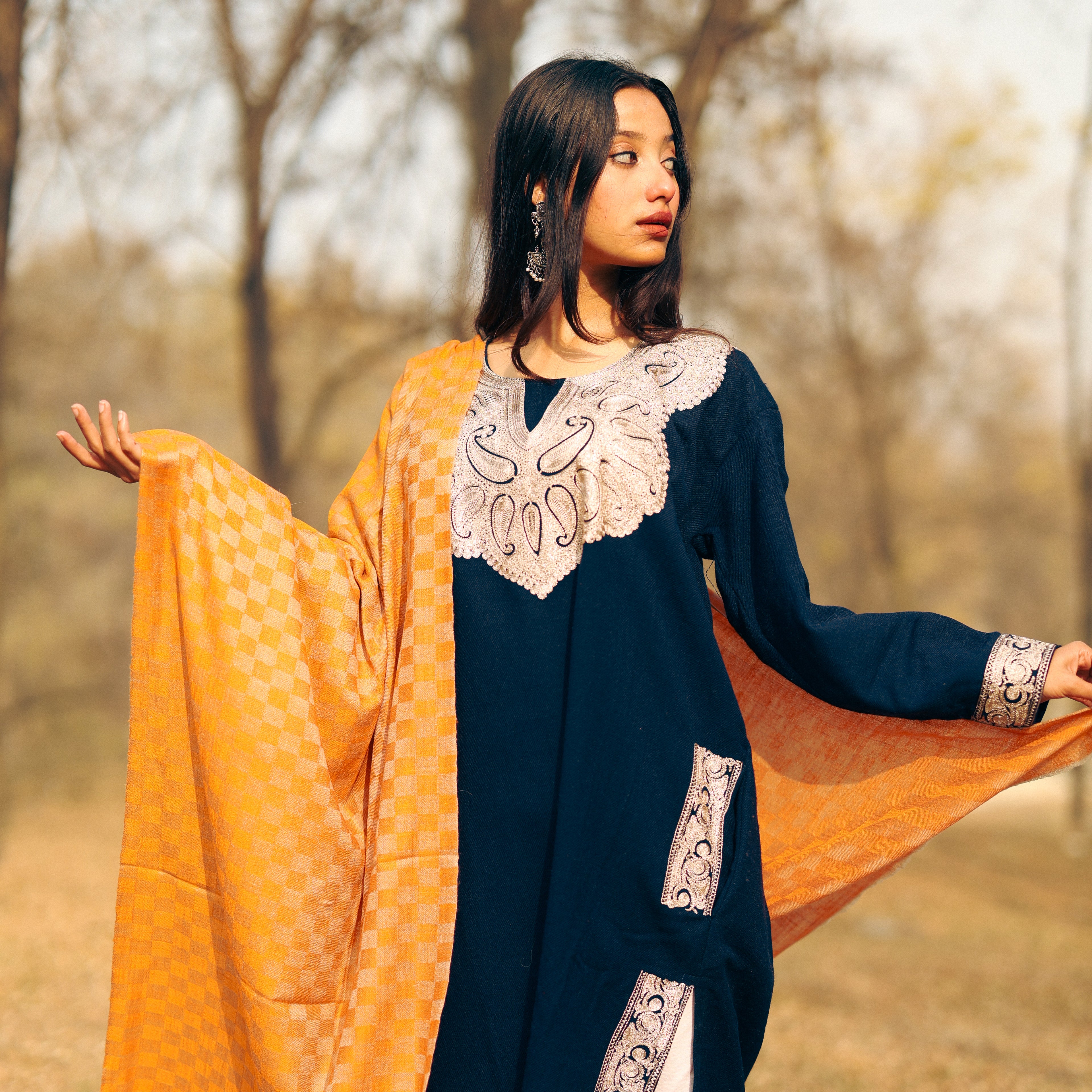 Orange Checkered Pashmina Wrap