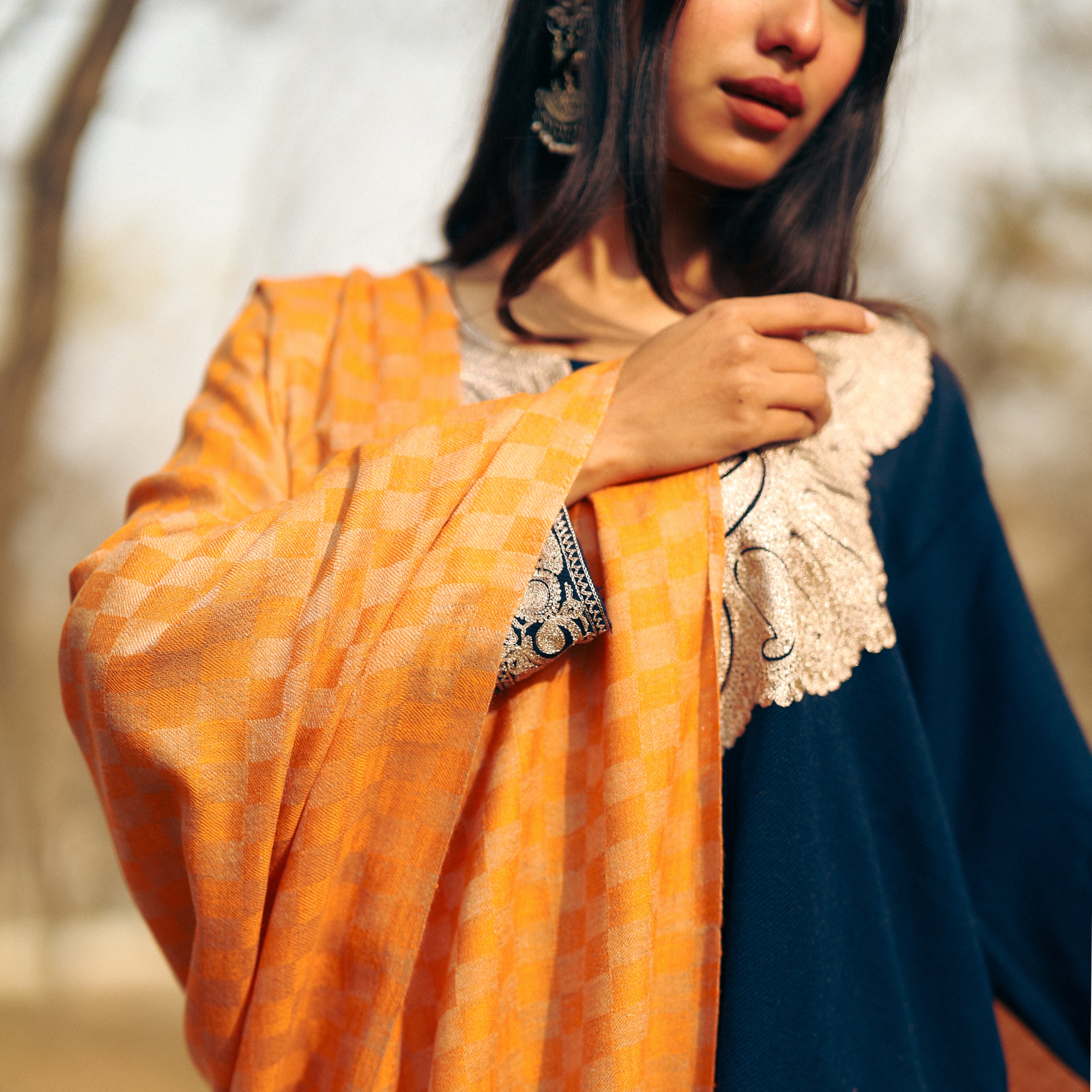 Orange Checkered Pashmina Wrap
