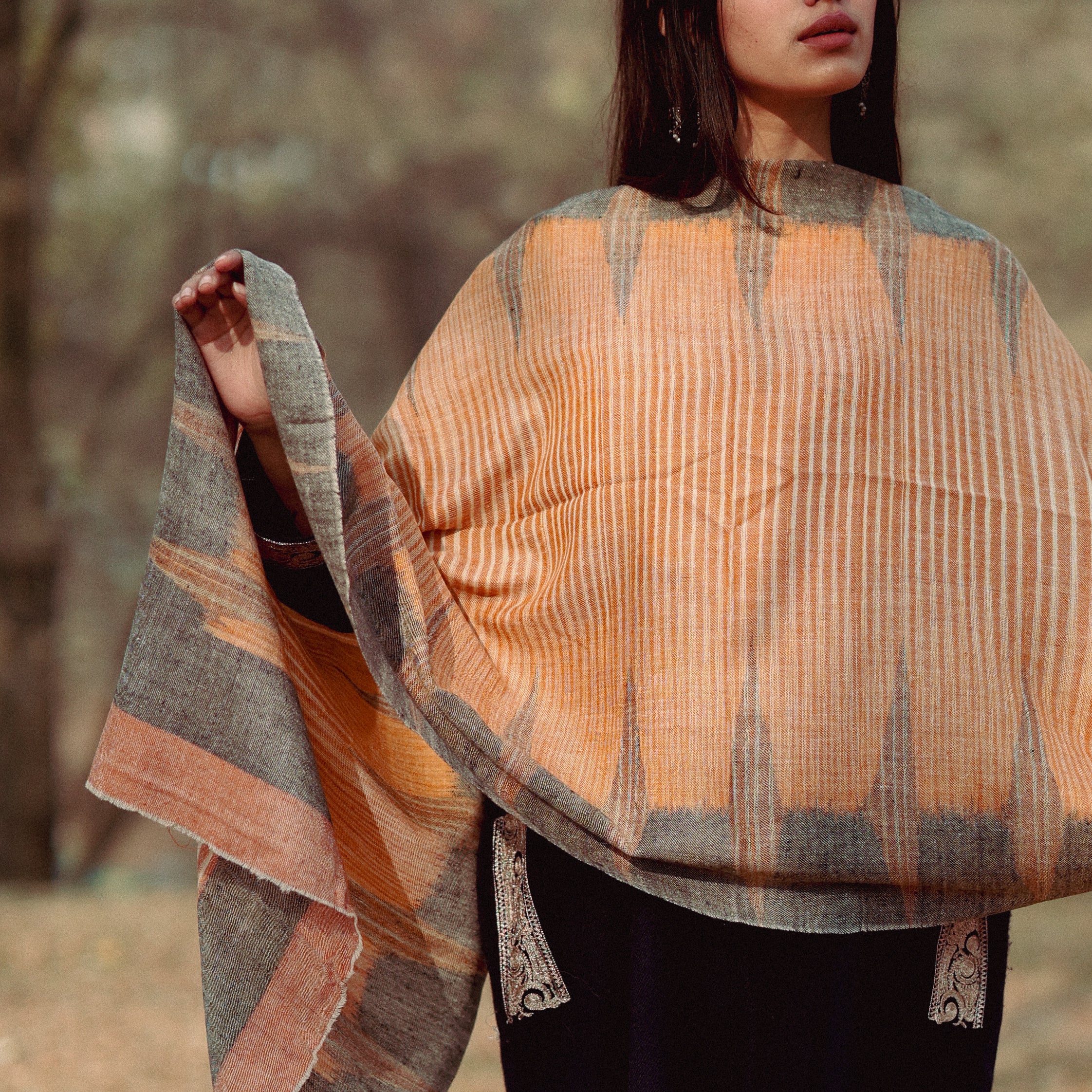 Orange and Black Ikkat Pashmina Wrap