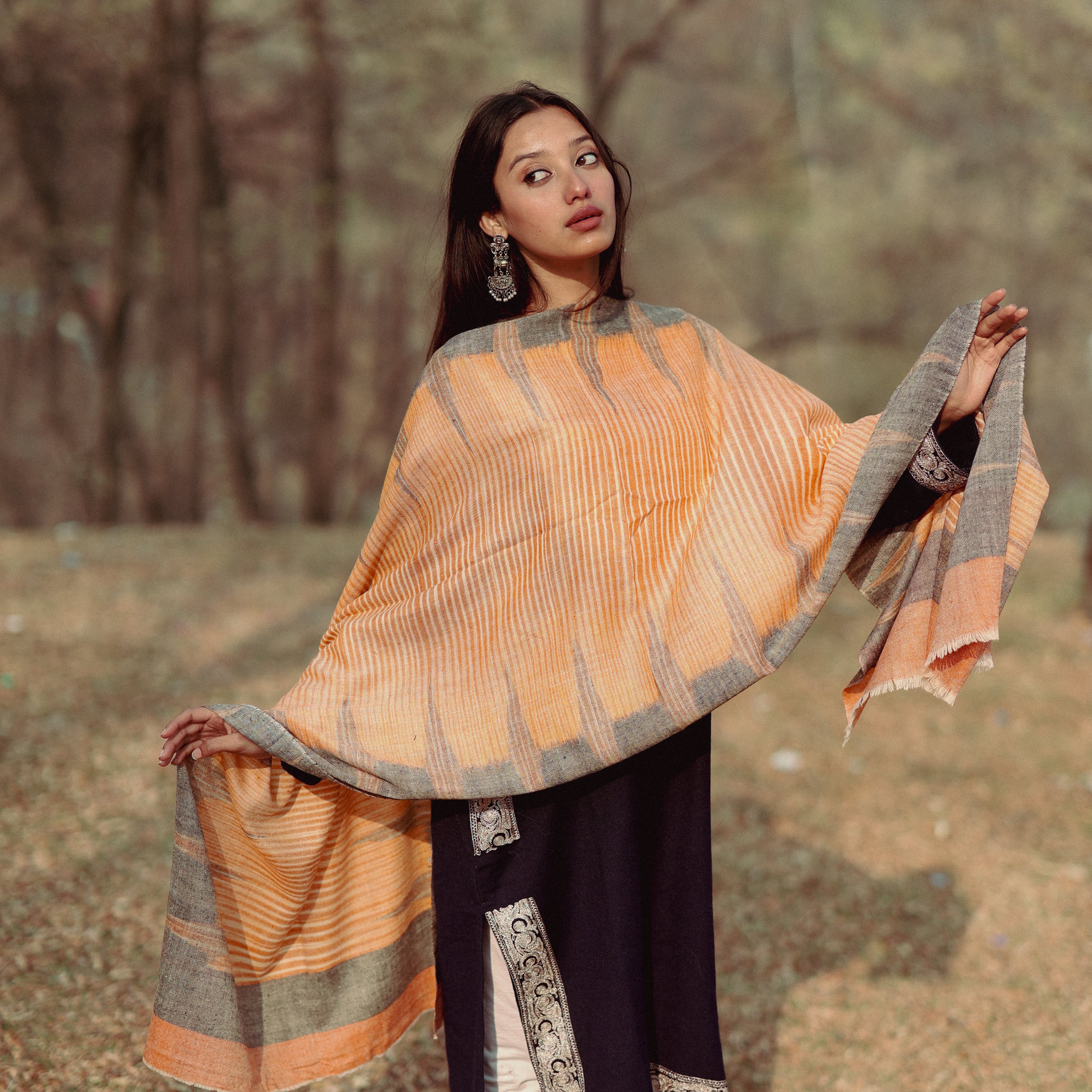 Orange and Black Ikkat Pashmina Wrap