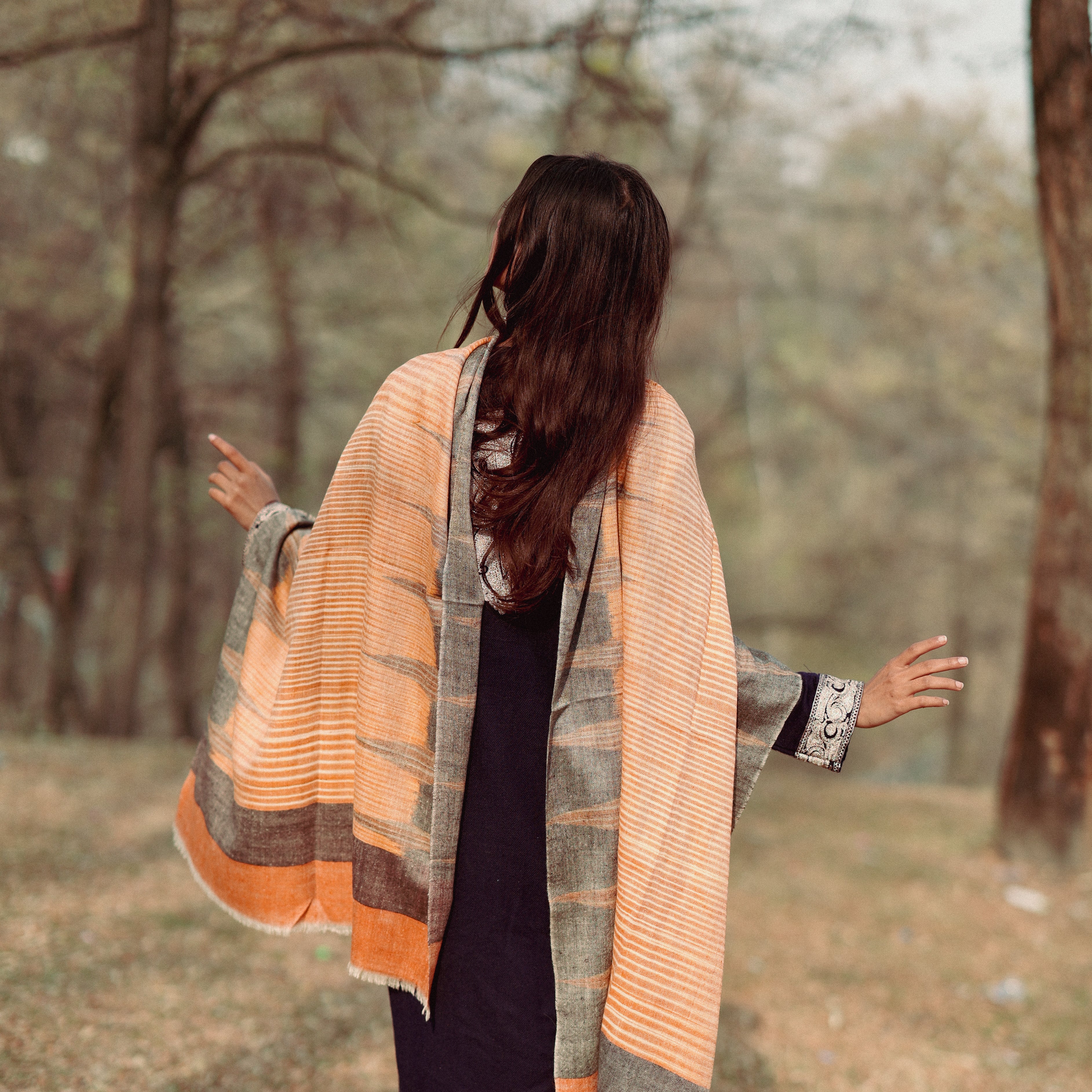 Orange and Black Ikkat Pashmina Wrap