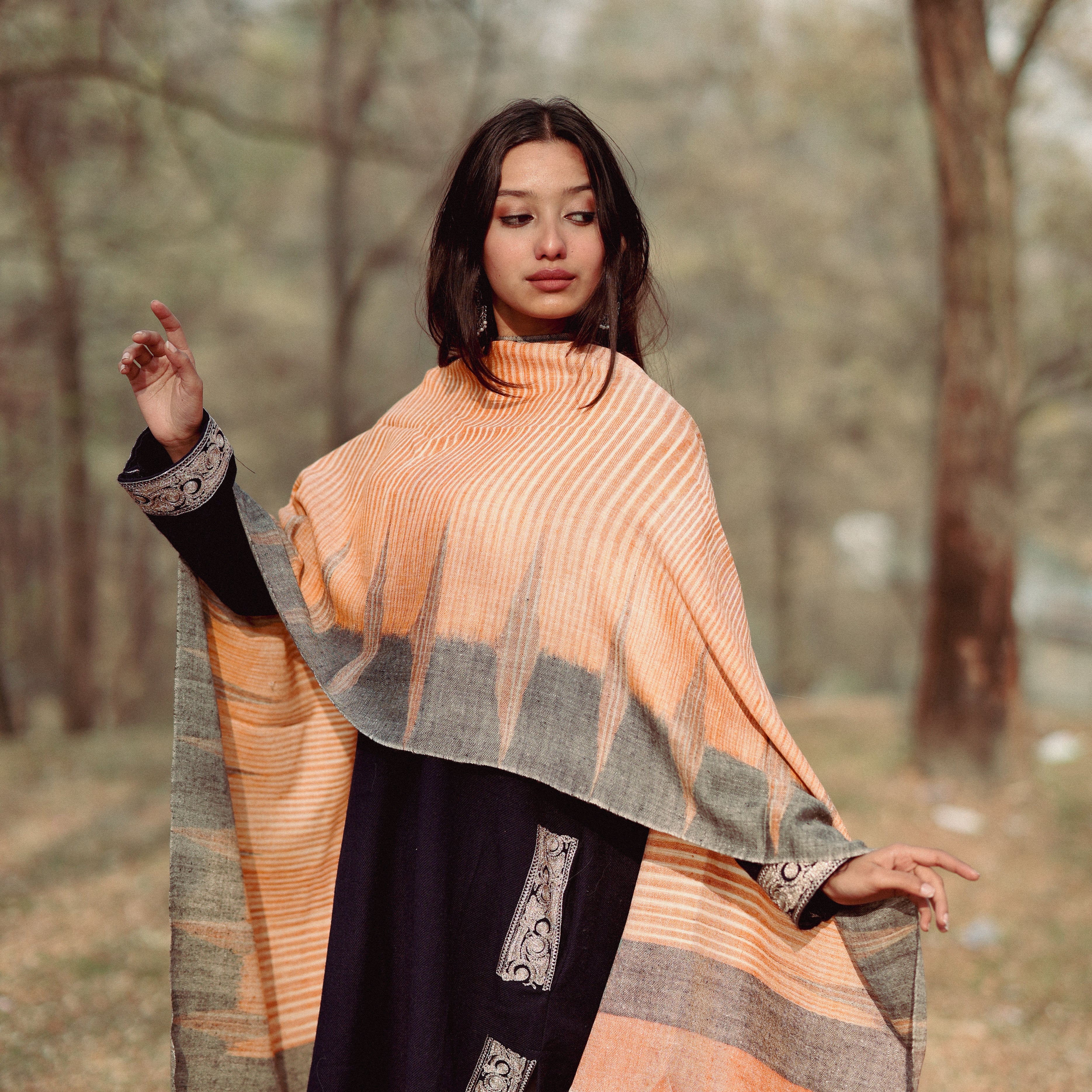Orange and Black Ikkat Pashmina Wrap
