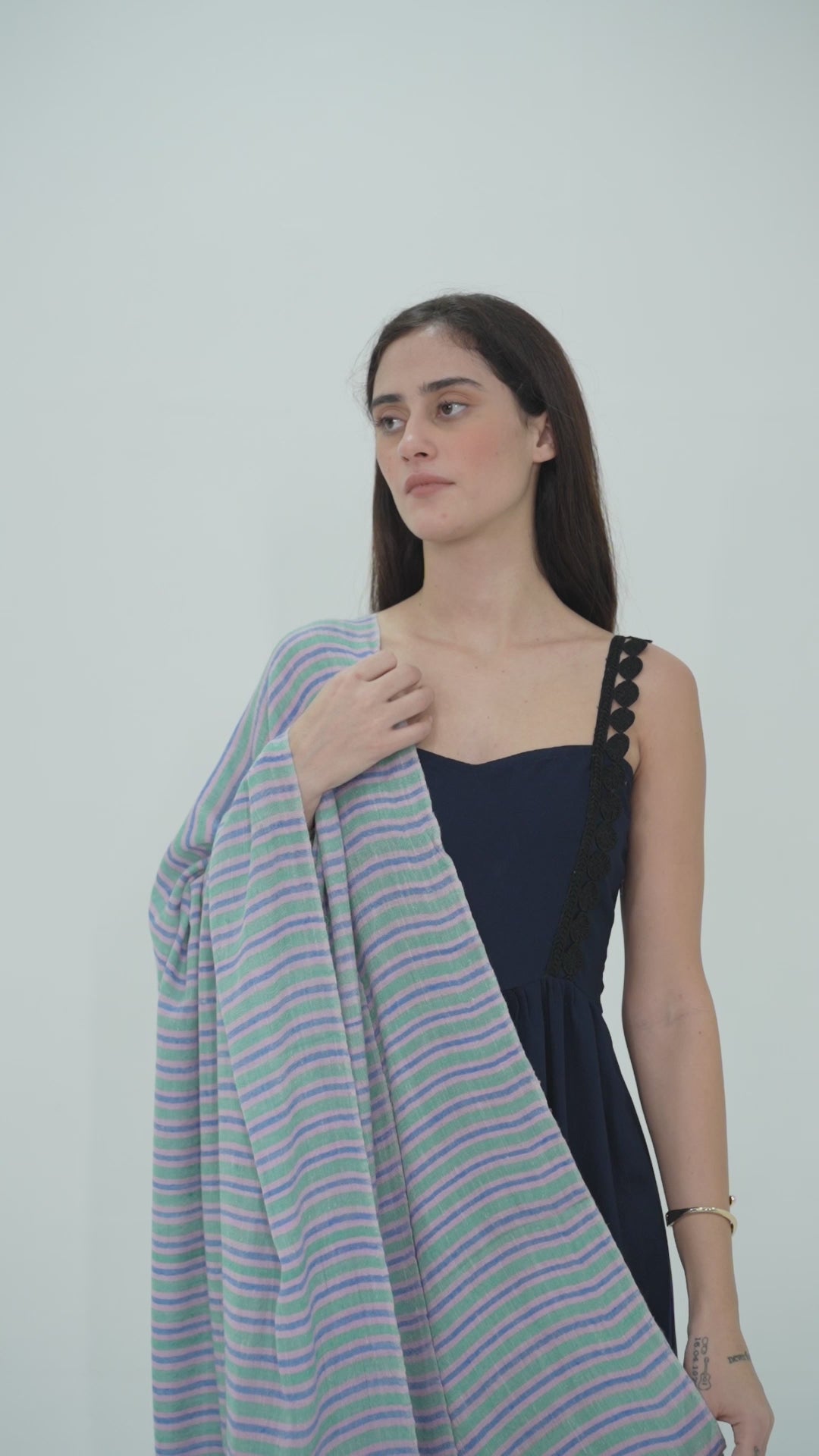 Green, Pink and Blue Striped Pashmina Shawl