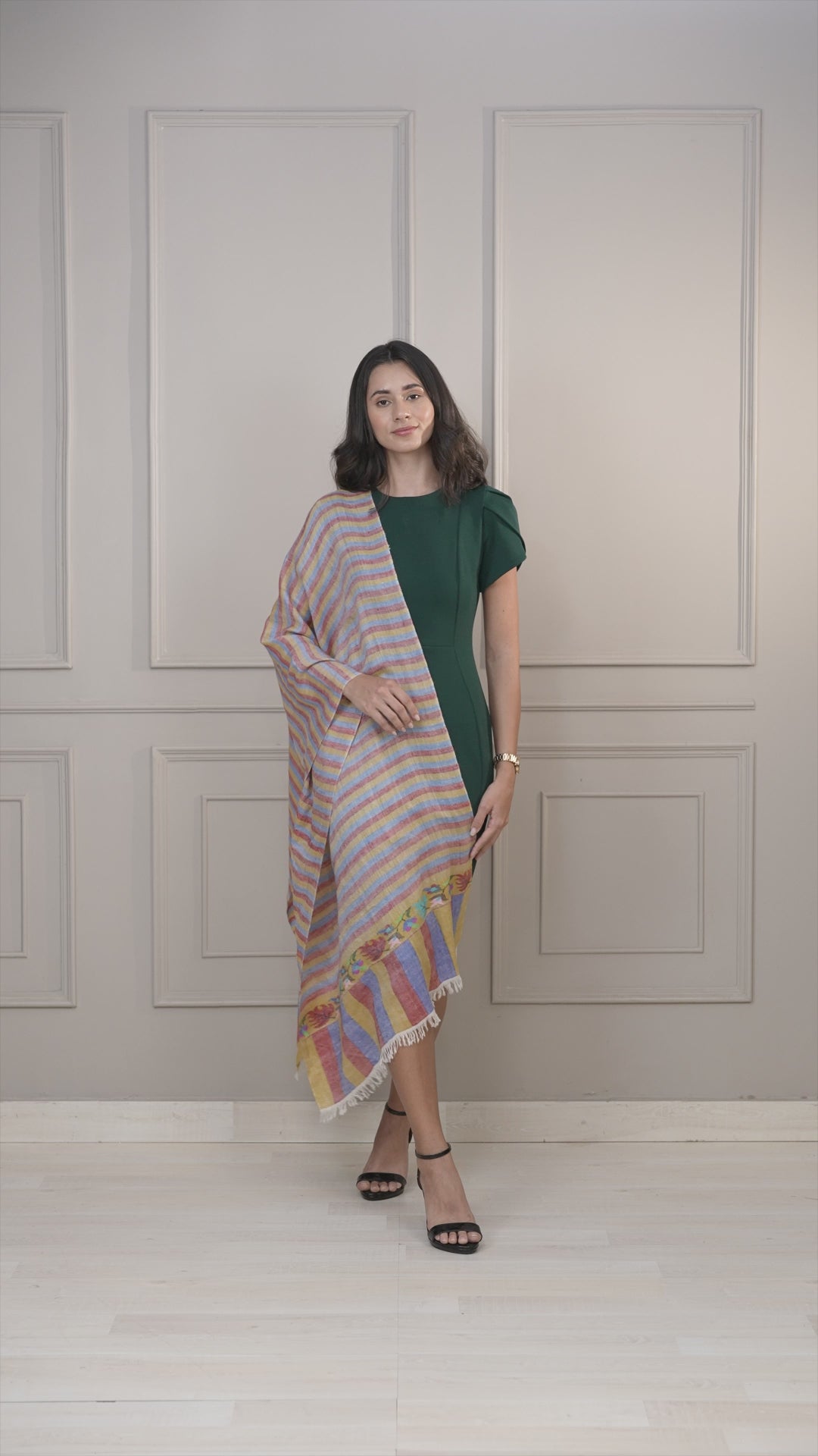 Yellow Multicolored Stripes Kani Palla Pashmina Wrap