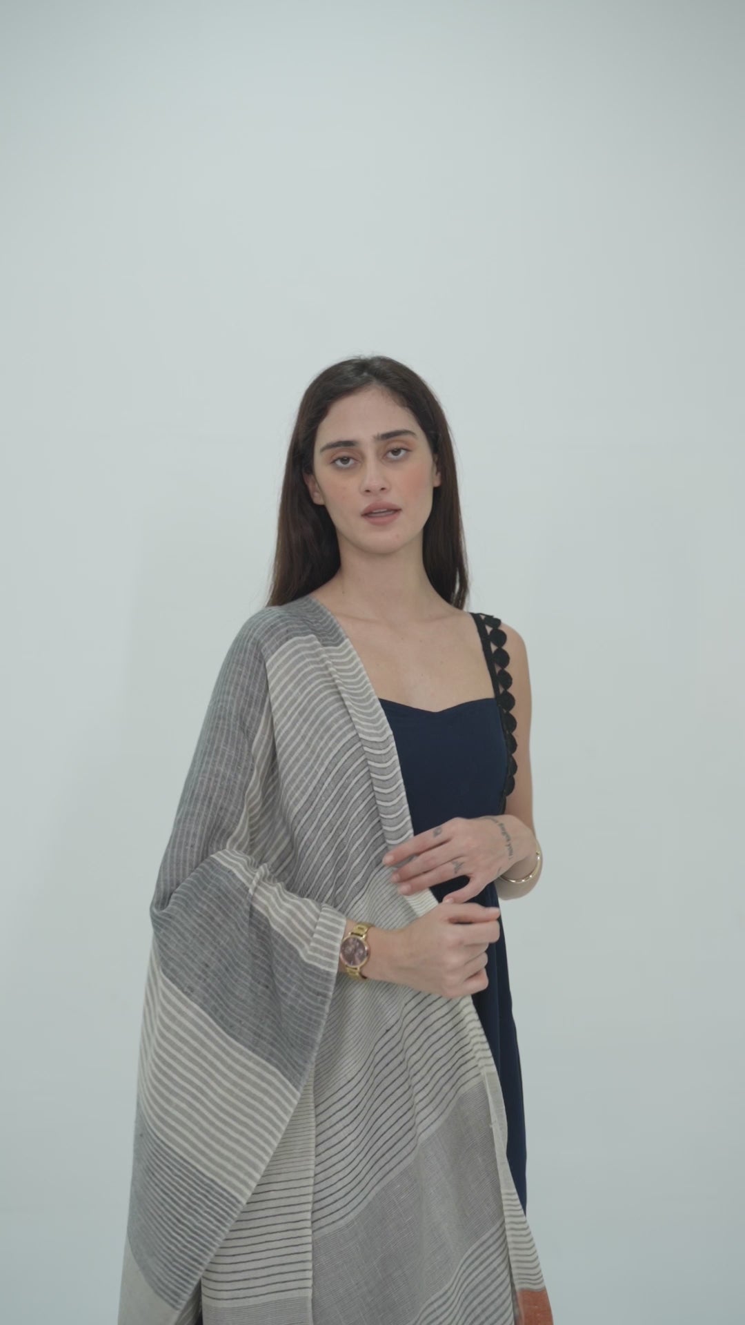 White, Grey and Orange Stripes Pashmina Wrap