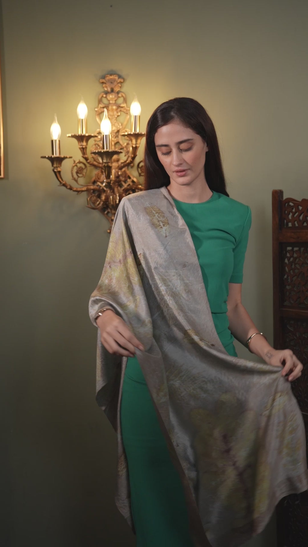 Grey Organic Leaves Dyed Mulberry Silk Stole