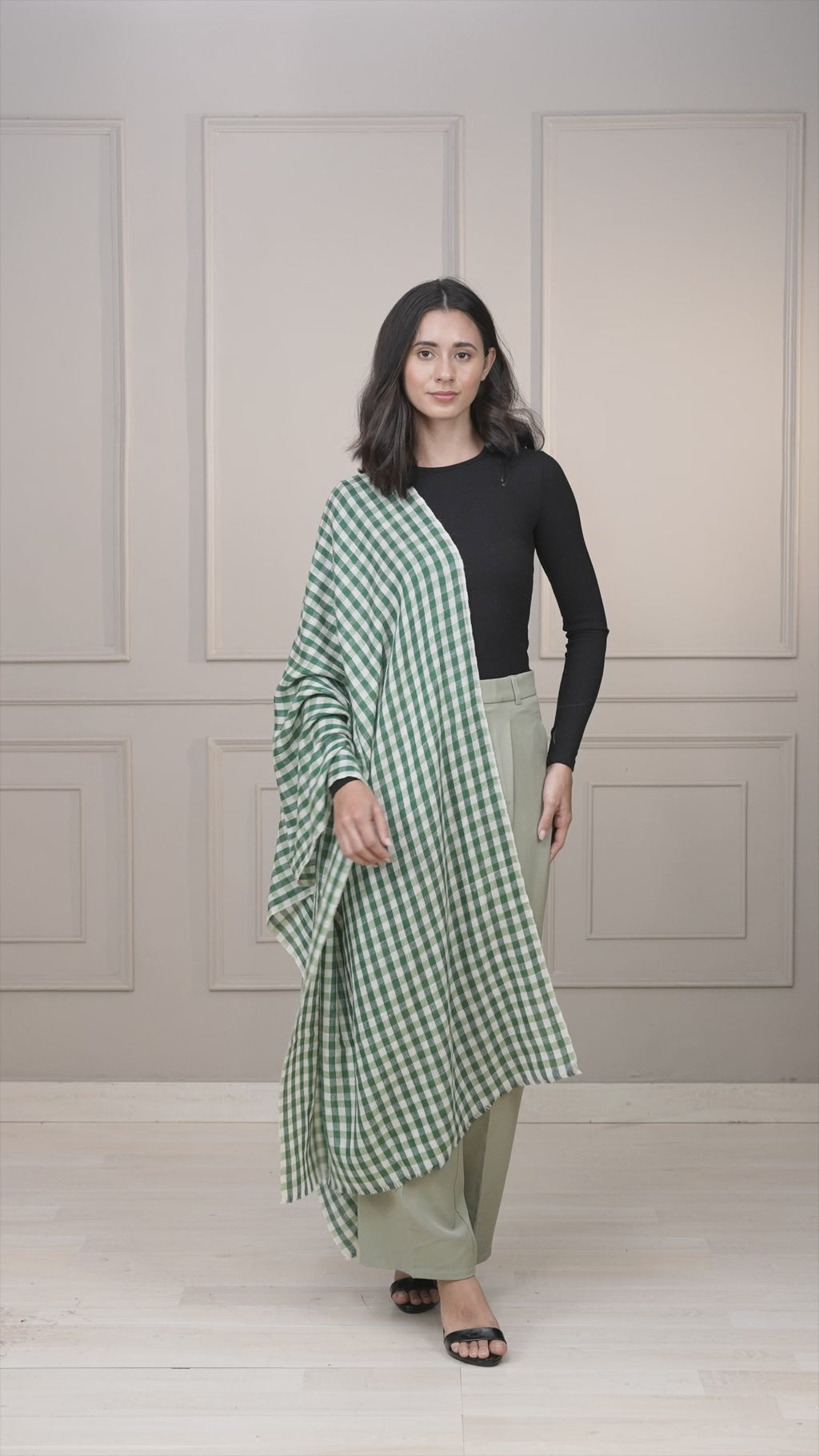 Green and White Checkered Pashmina Stole