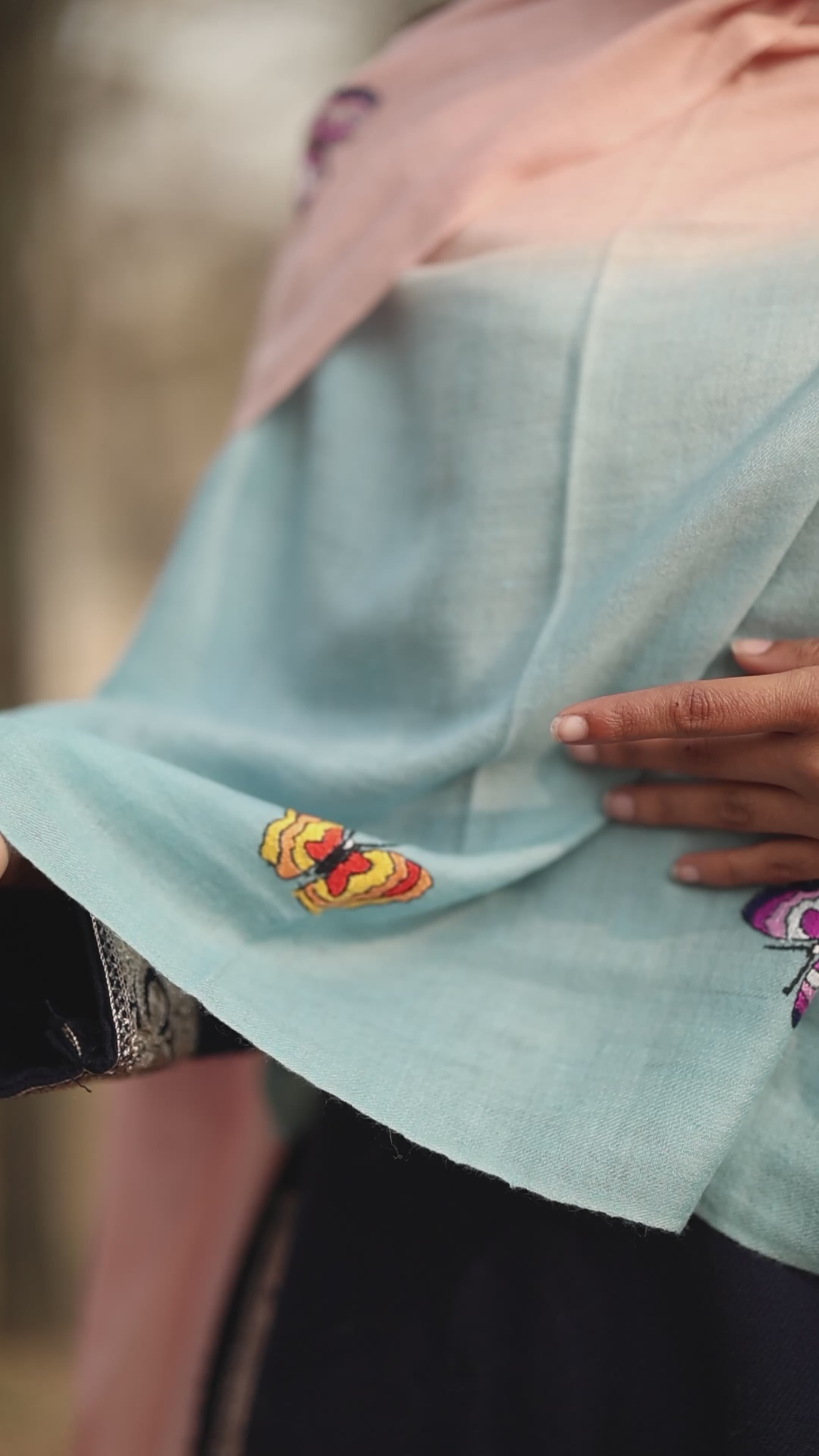 Pink and Blue Ombre Sozni Hand Embroidered Pashmina Wrap