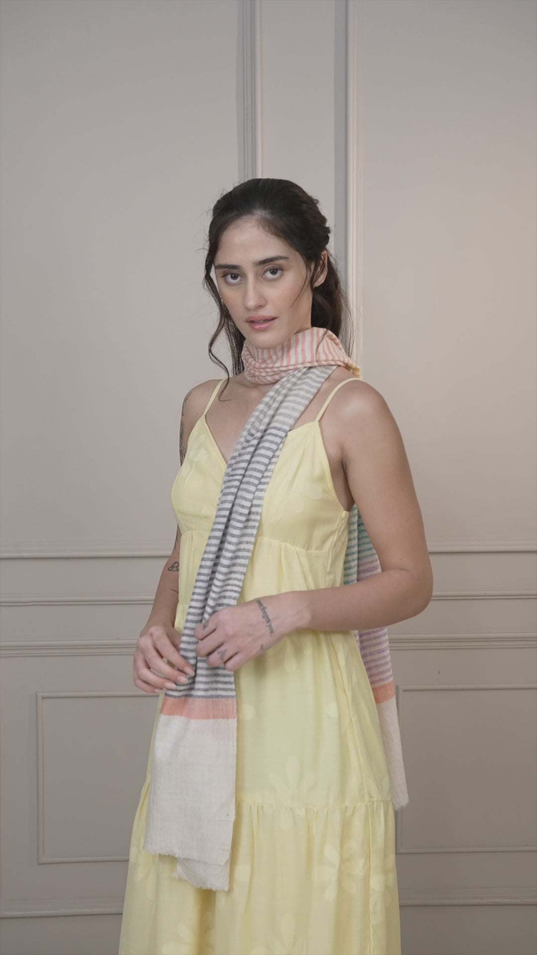 White Multicolored Striped Handspun Pashmina Muffler